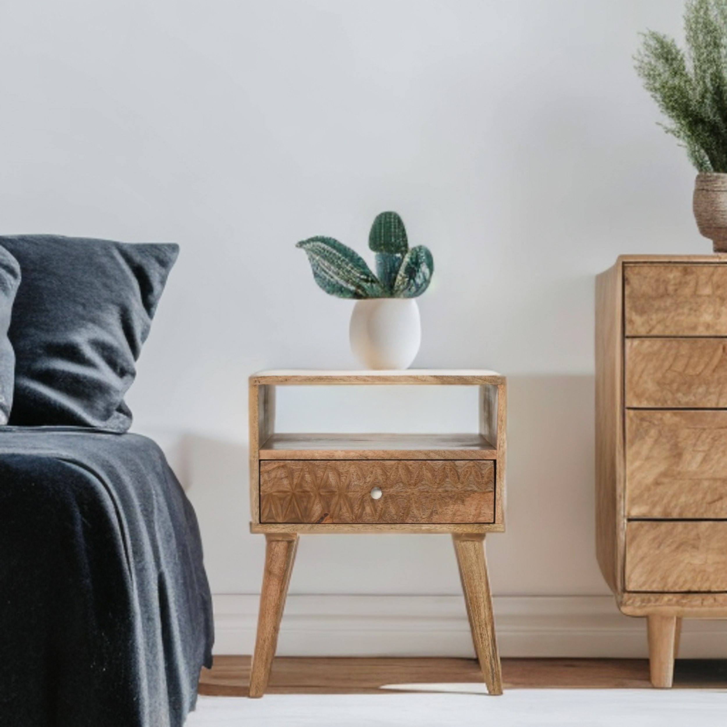 Rackhams Light Zenon Mango Wood Bedside Table With 1 Drawer & Open Slot - Wood - 1 - 45X35x58 Cm (Lxdxh)