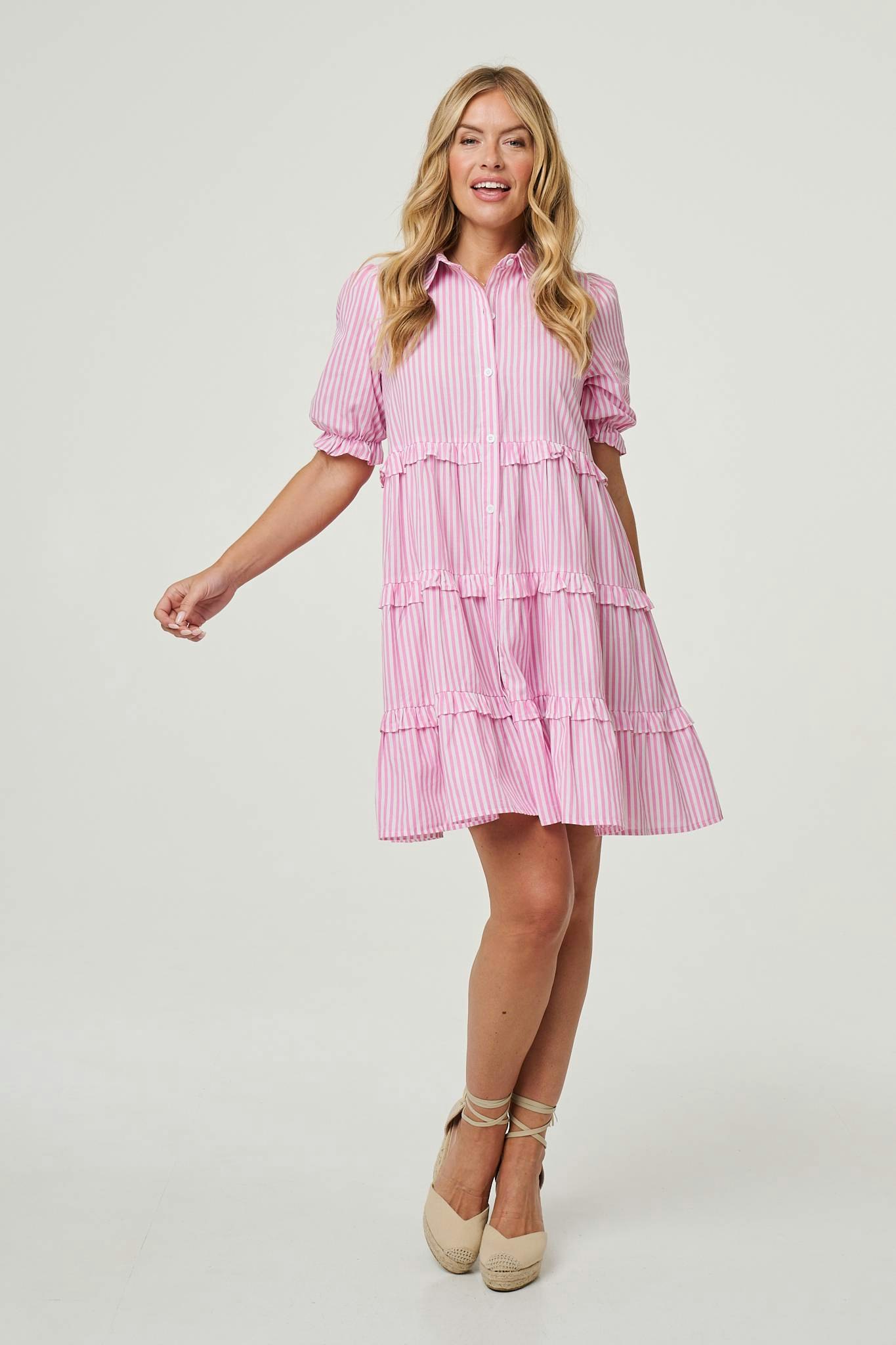 Izabel London Pink Striped 1/2 Sleeve Short Shirt Dress - 16