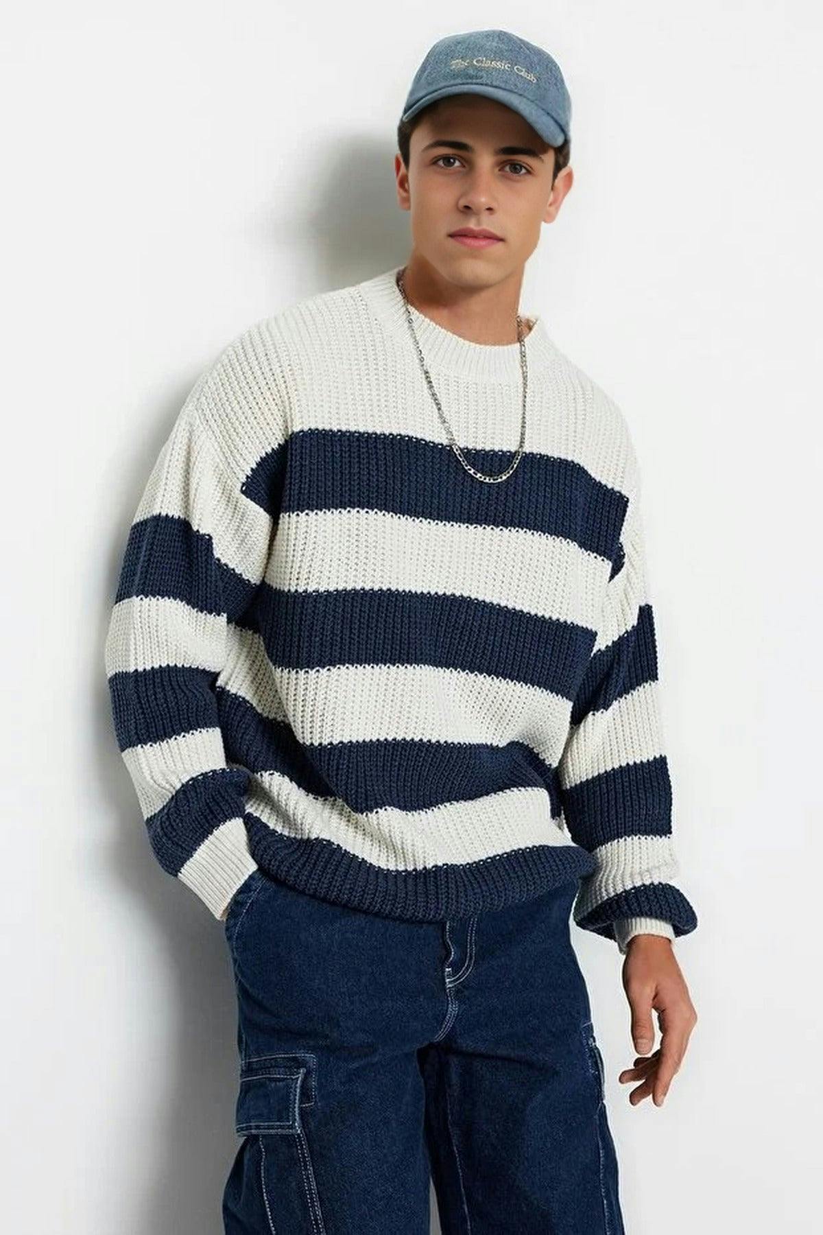 Wovcor Men's Crew Neck Striped Knit Sweater - Navy - L