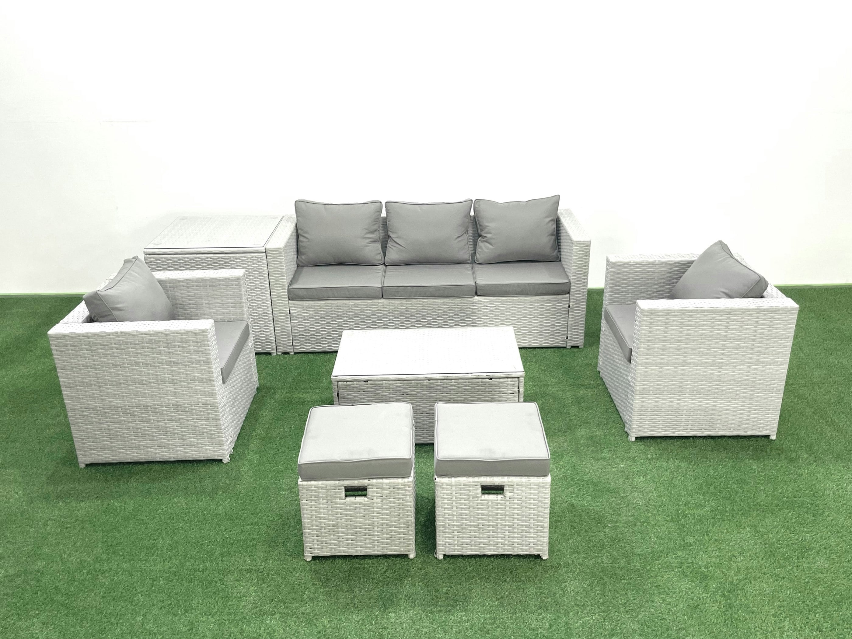 Rackhams Light/Grey 7 Seater Rattan Garden Furniture Set With 3 Seater Sofa 2 Chair Rectangular Coffee Table 2 Small Footstools Side Table Mixed