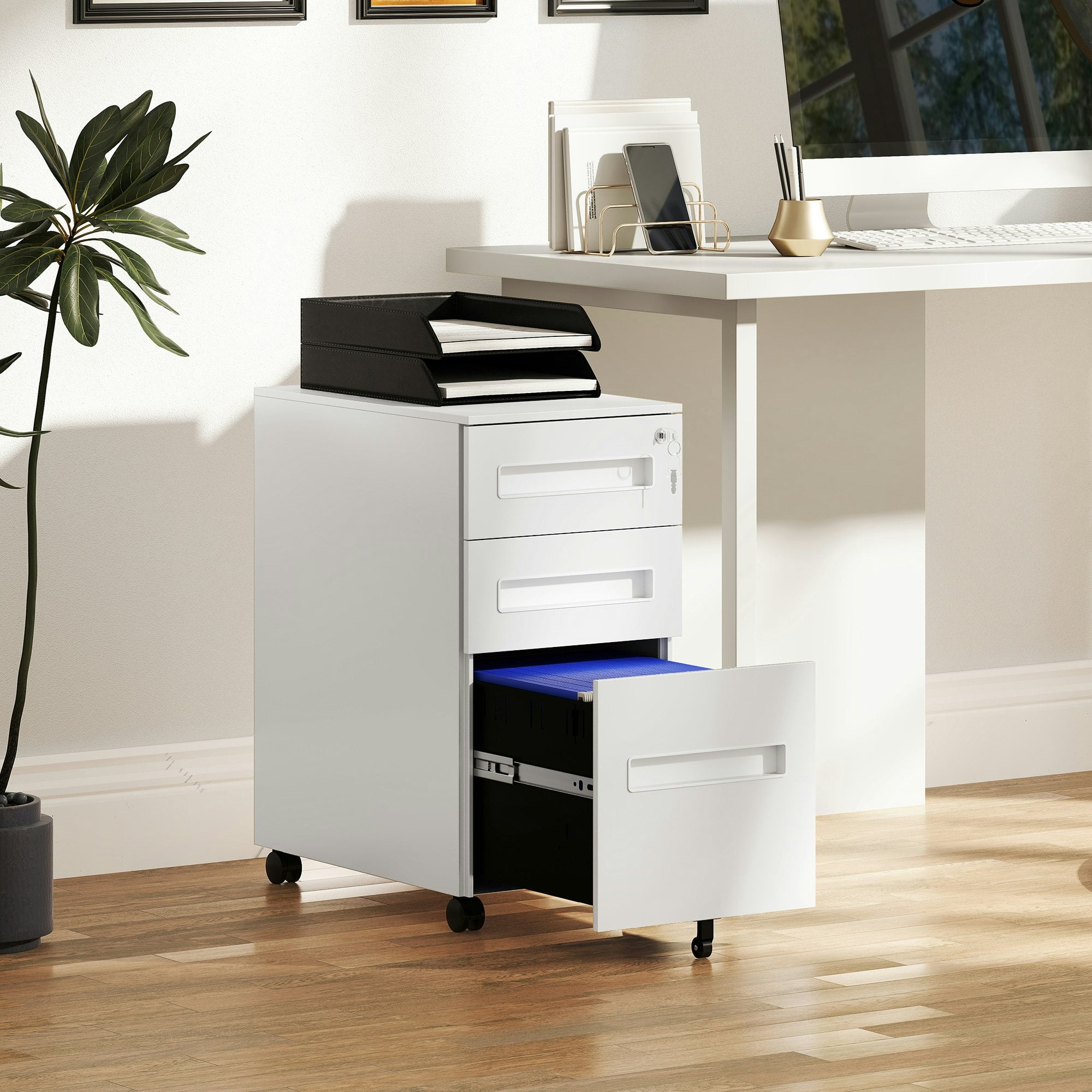 Rackhams Black/White Lockable Mobile Filing Cabinet W/ 3 Drawers 30 X 43.5 X 60 Cm