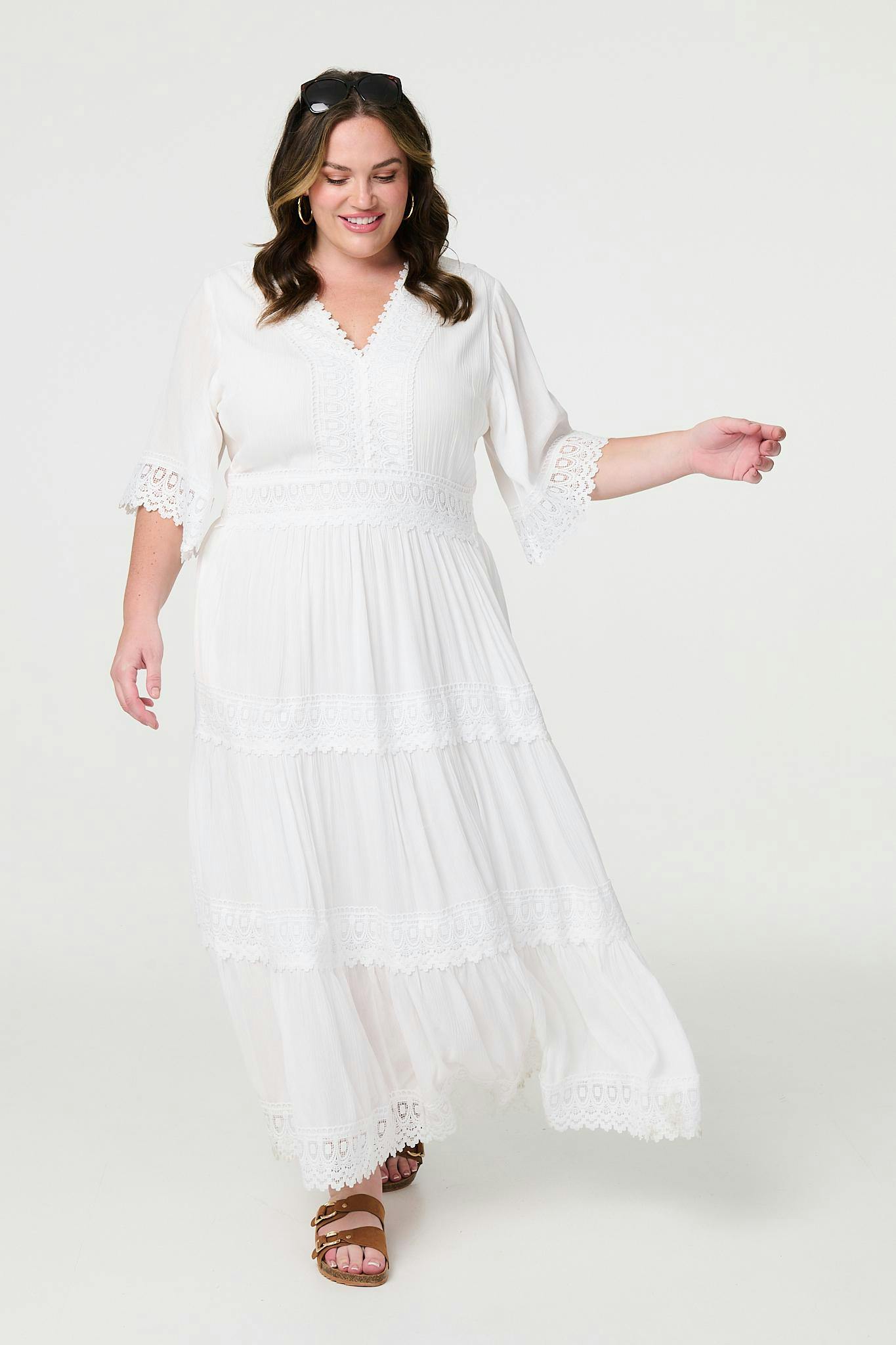 Izabel London White Curve Tiered Lace Trim Maxi Dress - 24