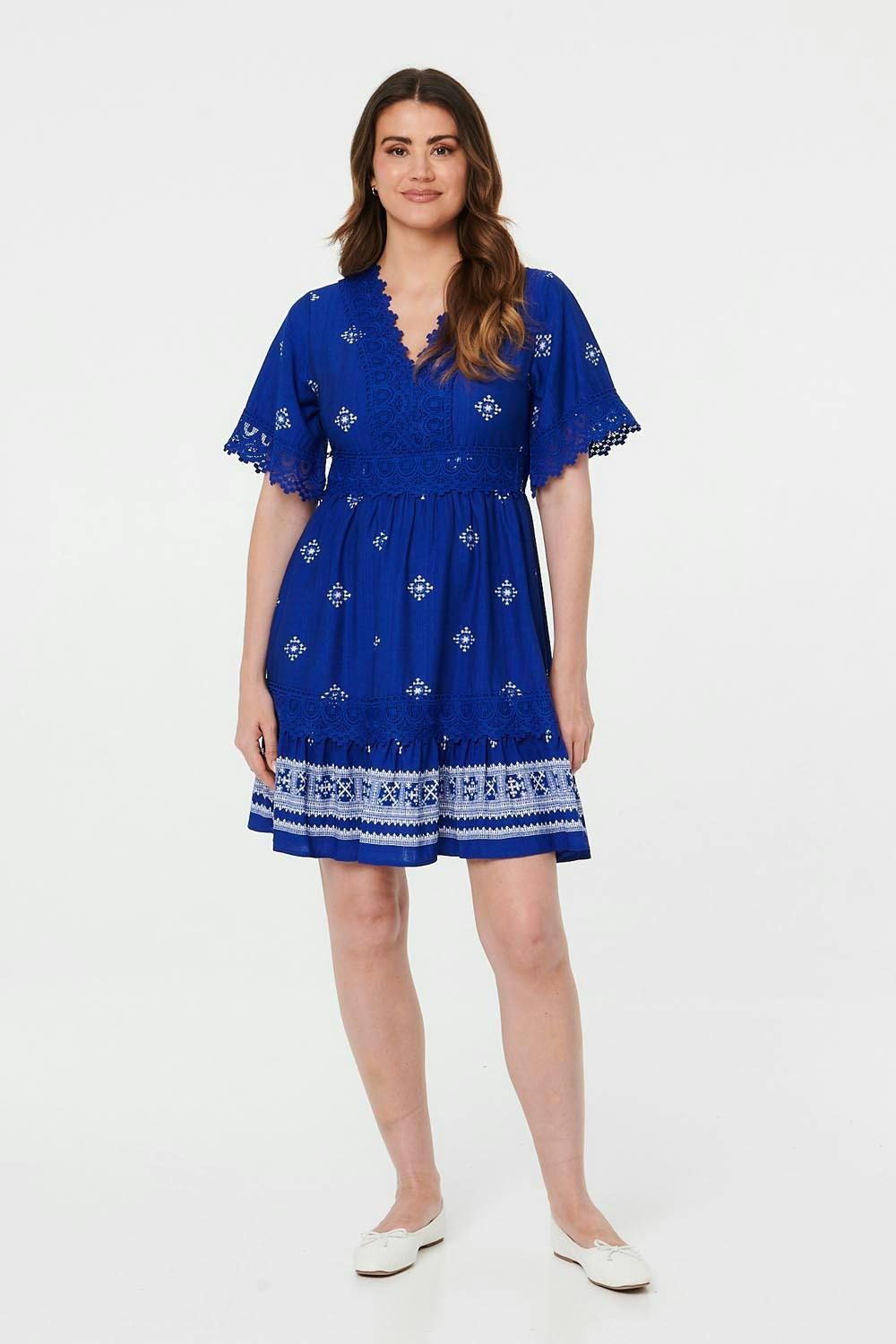 Izabel London Blue Border Print Lace 1/2 Sleeve Short Dress - 14