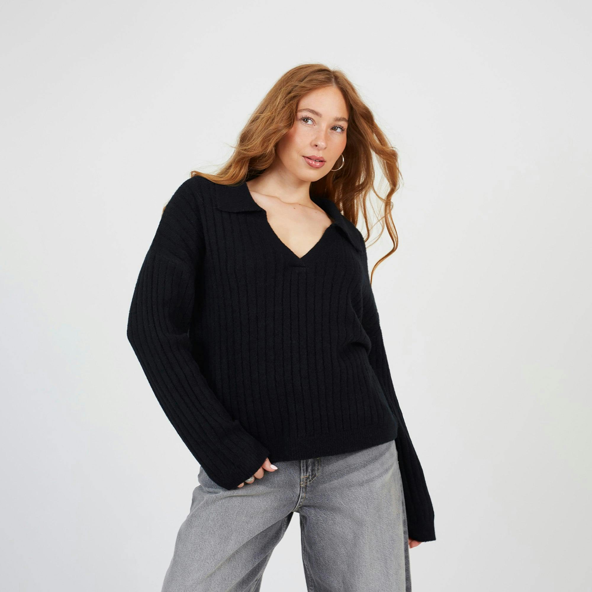 Brave Soul Black Ribbed Trophy Neck Knitted Jumper - Xs