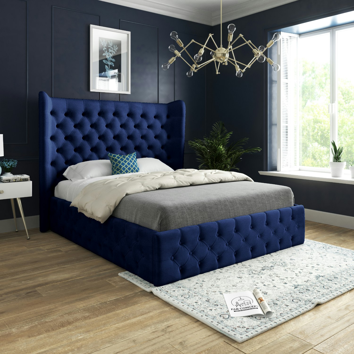 Rackhams Blue Florence Wide Winged Upholstered Soft Velvet Bed Frame - Double