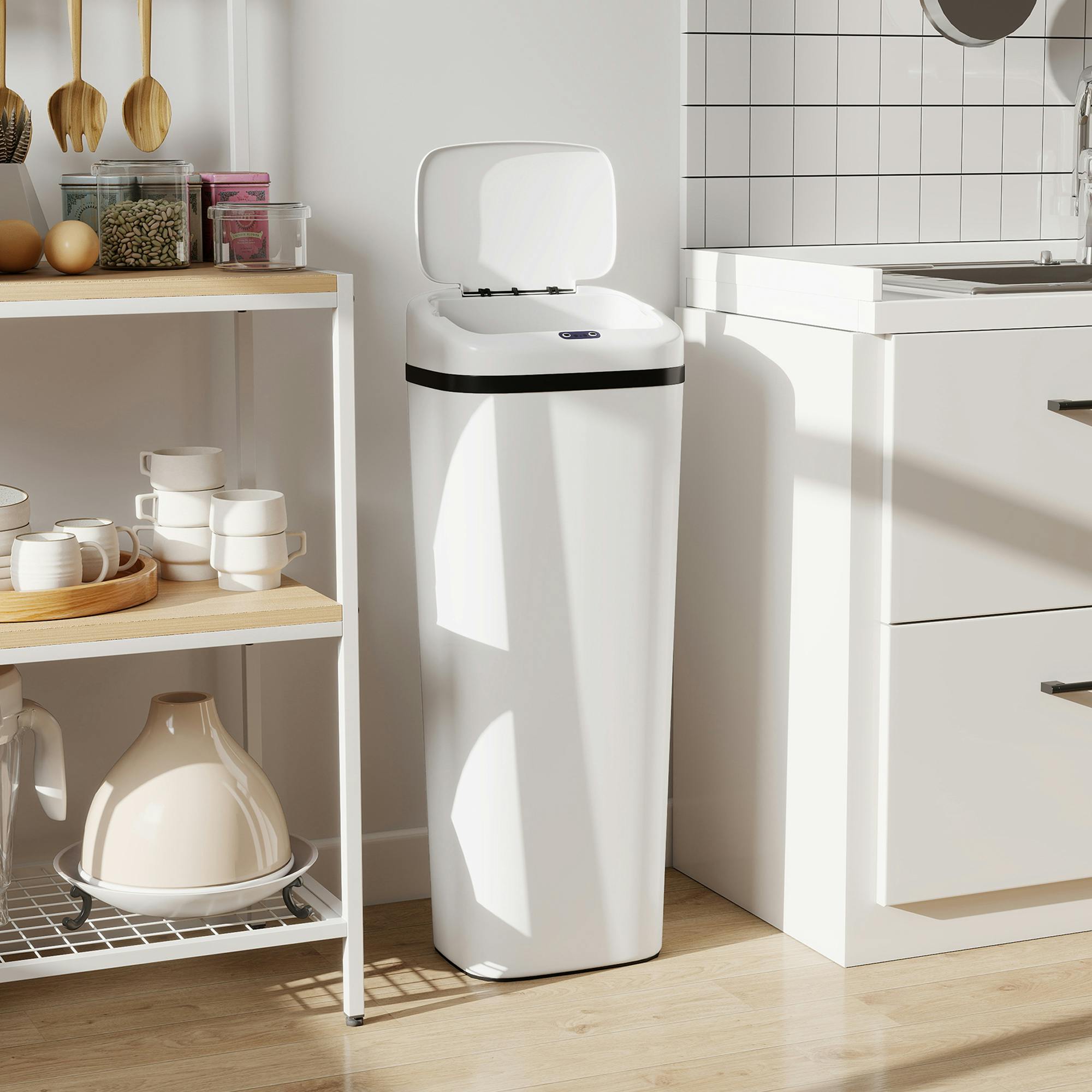 Rackhams White 50L Sensor Bin, Stainless Steel Slim Kitchen Bin, Fingerprint-Proof - 33L X 25W X 84H Cm