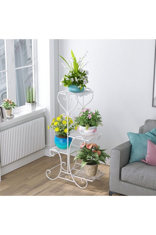 Rackhams White 4 Tier Tall Metal Plant Stand Flower Pot Shelf For Indoors