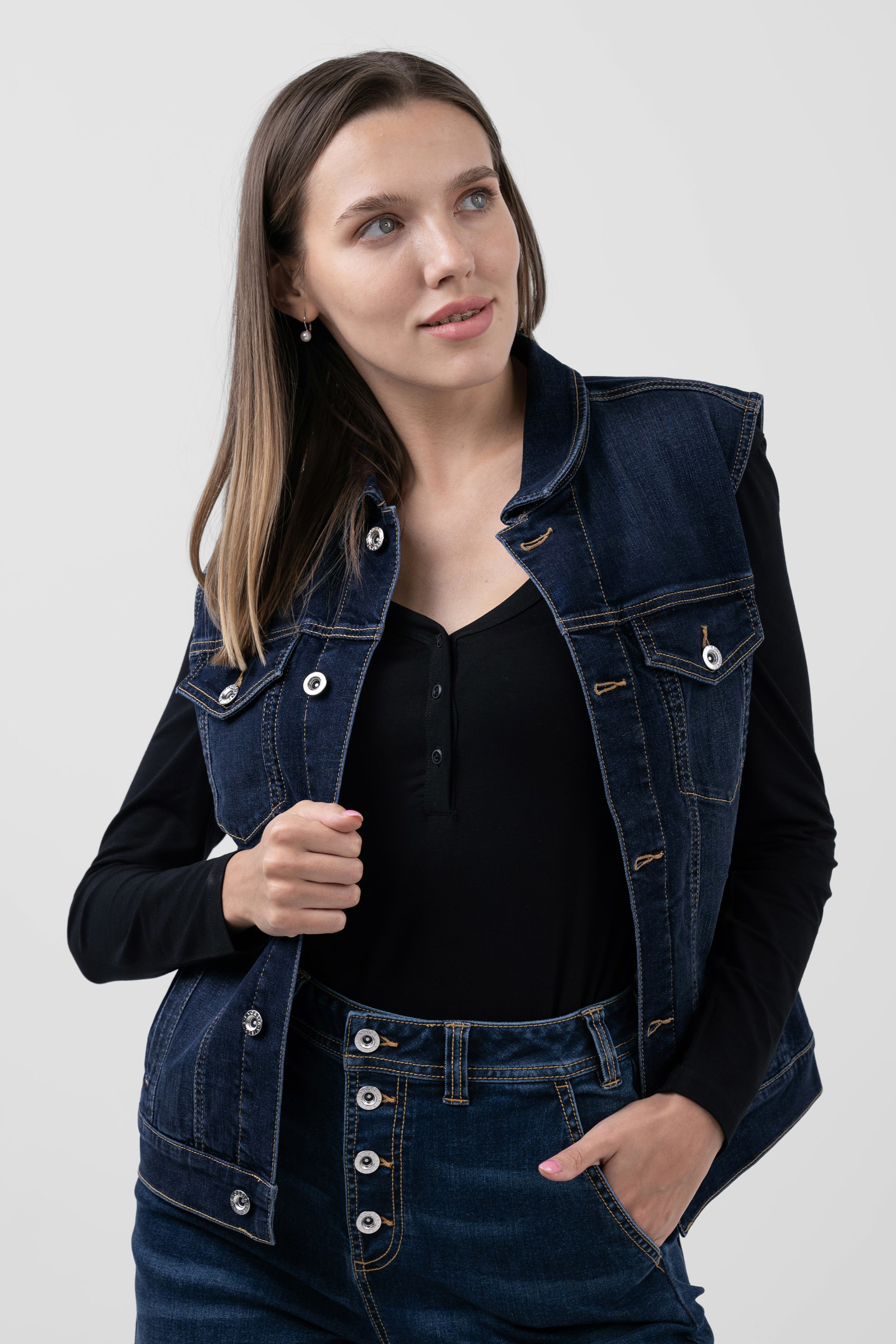 Enorsia Women's Blue Deep Sleeveless Button Up Denim Jacket - 14 - 77.4% Cotton, 1.2% Elastane, 14.4% Polyester, 7% Viscose - Deep