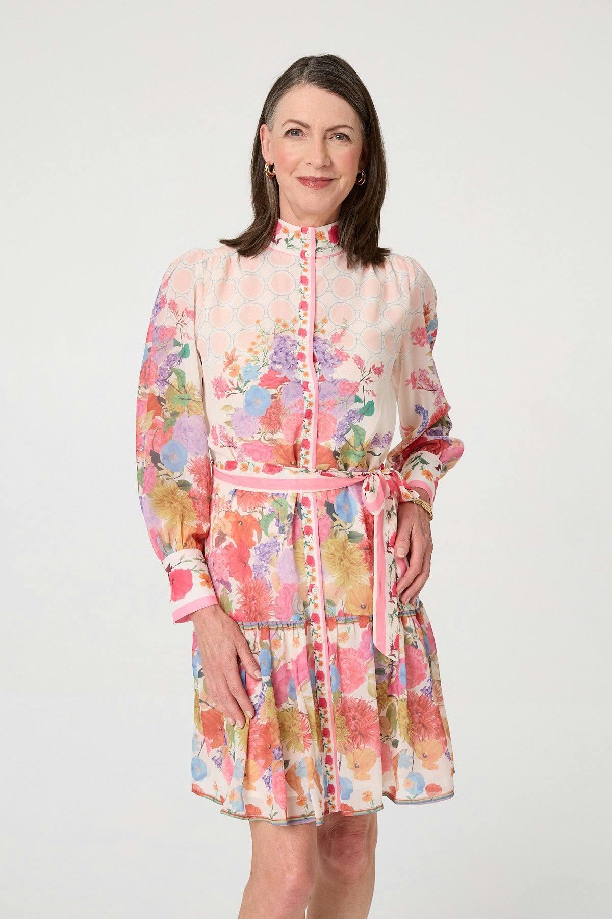 Izabel London Orange Floral Frill Hem Knee Length Shirt Dress - 16