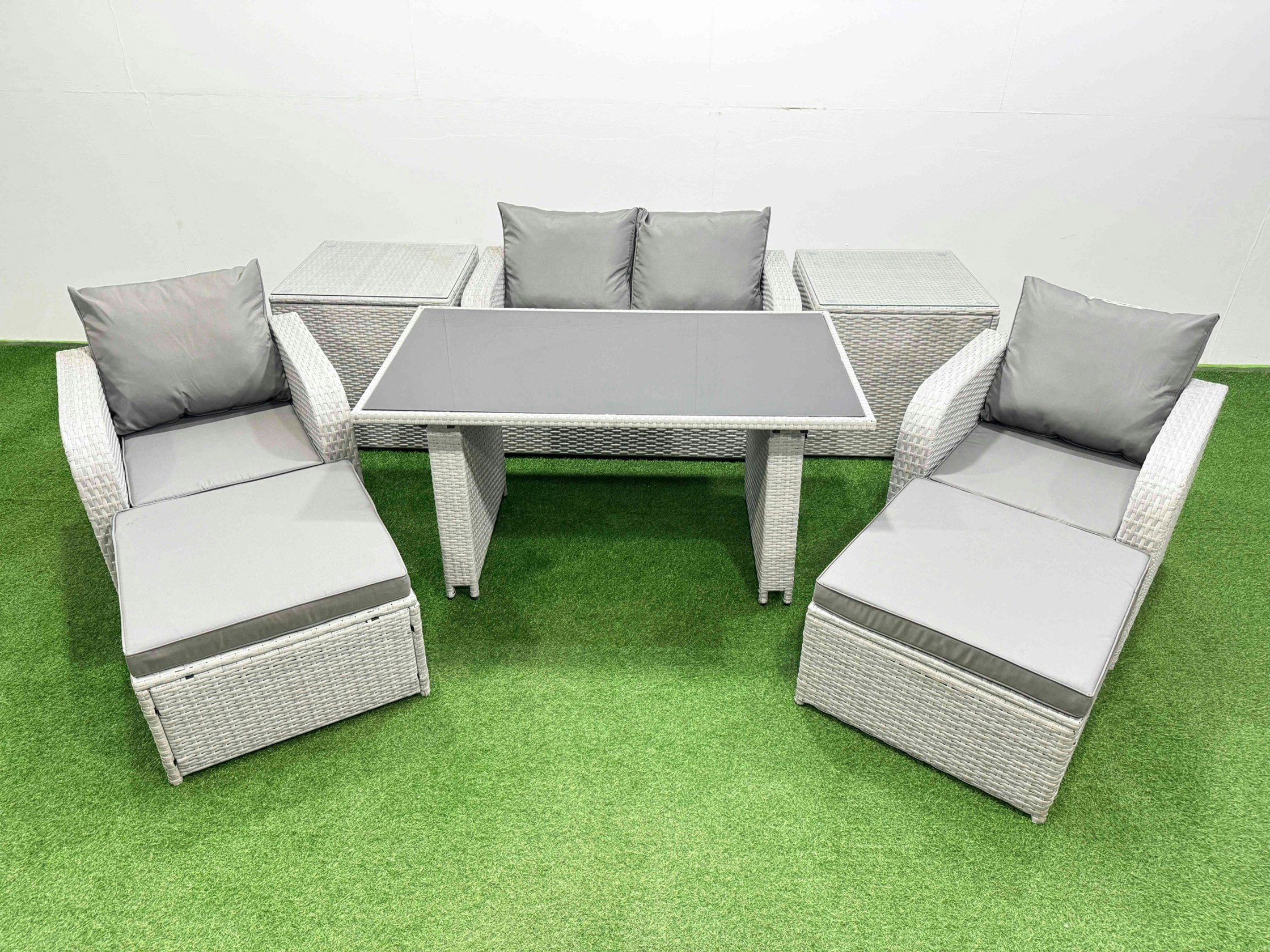 Rackhams Outdoor Rattan Garden Furniture Dining Set 6 Seater Patio Rectangular Table Love Sofa Reclining Chair Set With 2 Side Tables 2 Big Stools