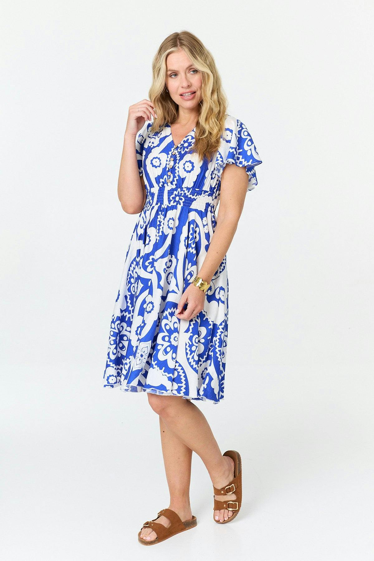 Izabel London Blue Printed Knee Length Angel Sleeve Dress - 8