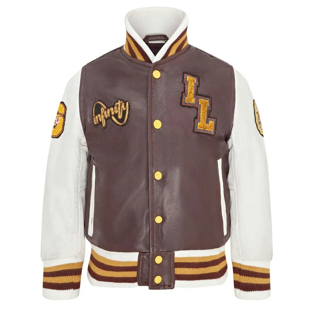 Infinity Leather Burgundy Leather Company Kids Leather Letterman Bomber Jacket - 8-9 Years