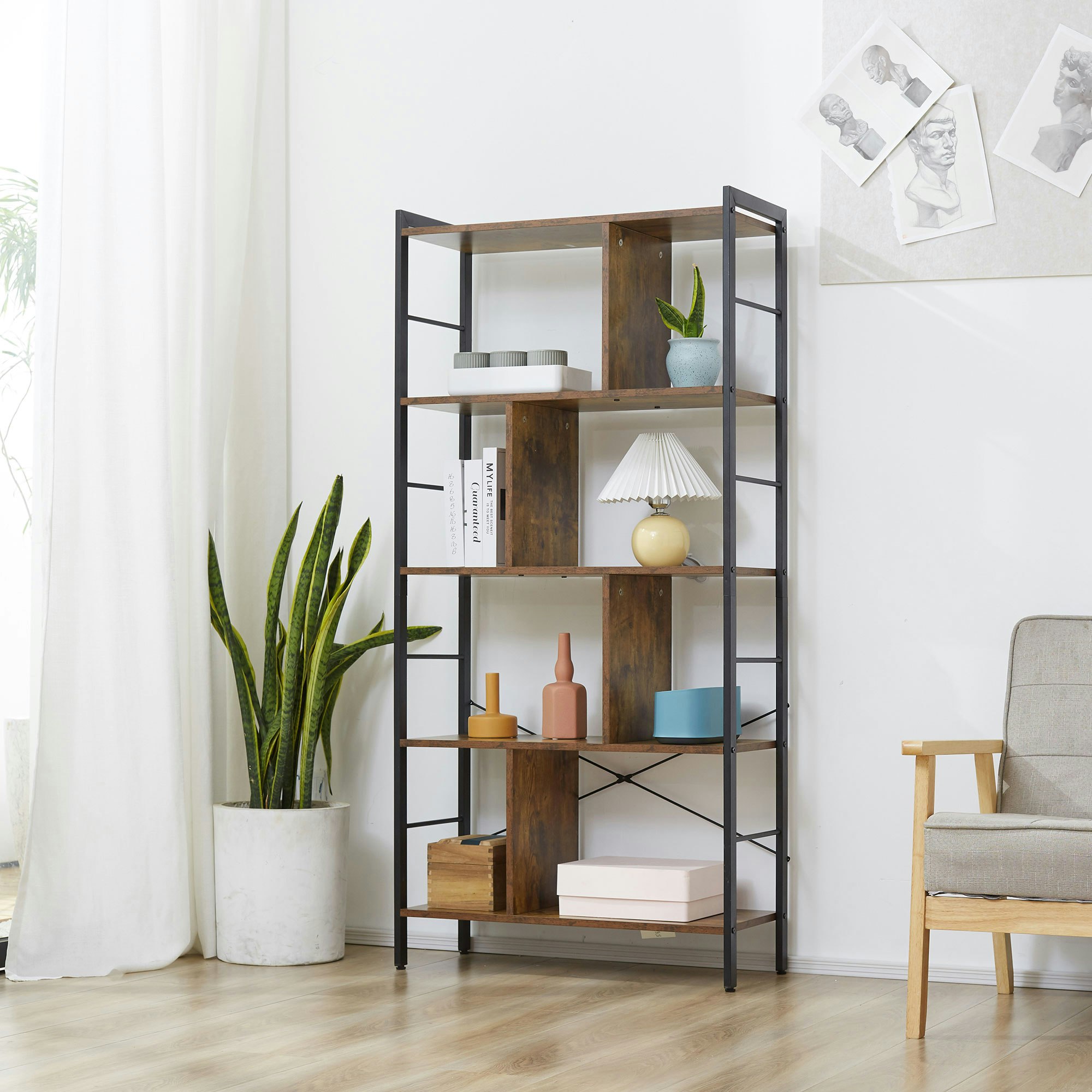 Rackhams Brown Industrial Storage Shelf Bookcase Closet Floor Standing Display Rack - Rustic
