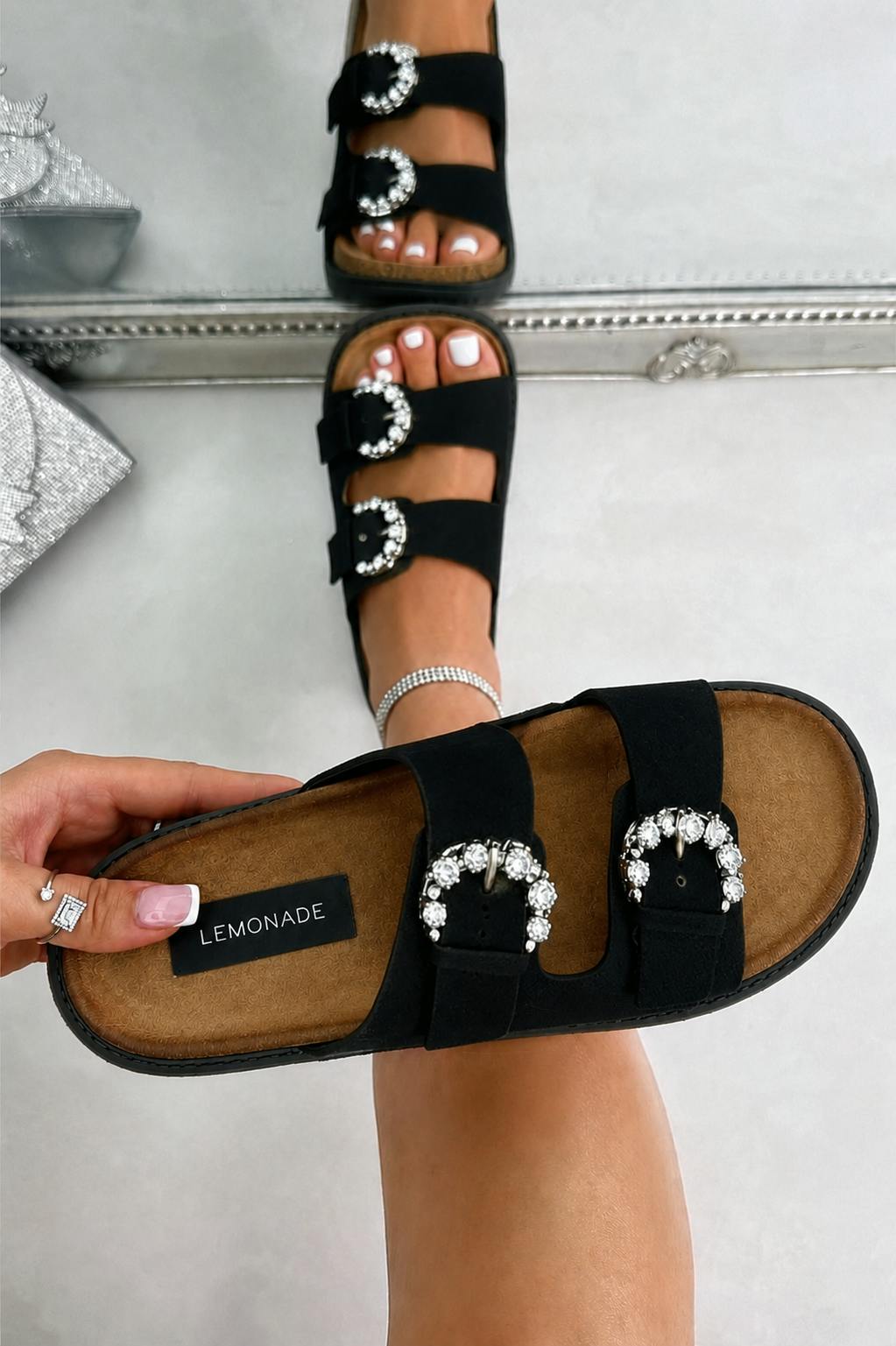 Love Lemonade Black Sparkly Mila Double Buckle Chunky Platform Sliders - Uk 5