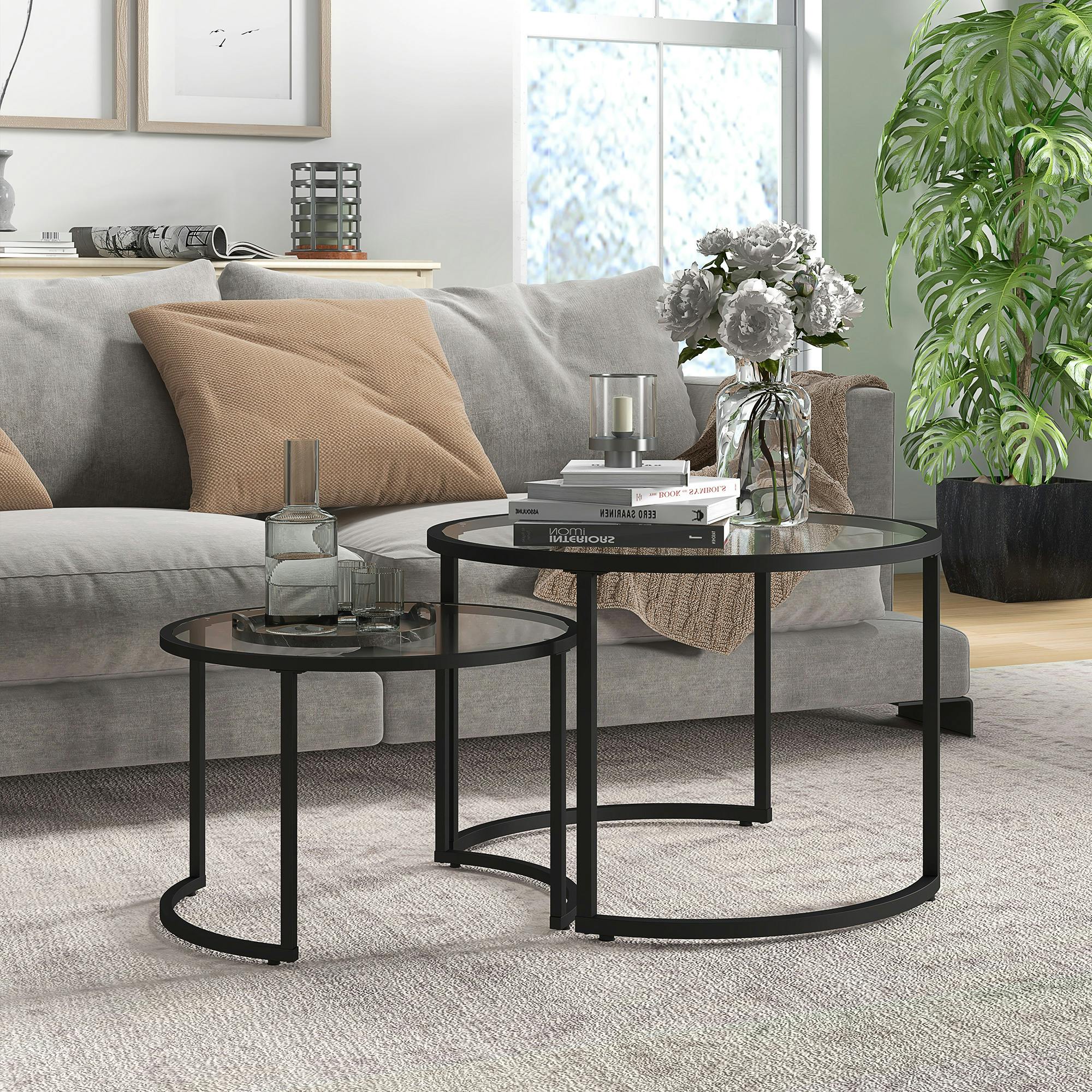 HOMCOM Round Nesting Tables - Set of 2 - Black - Steel - Image 4