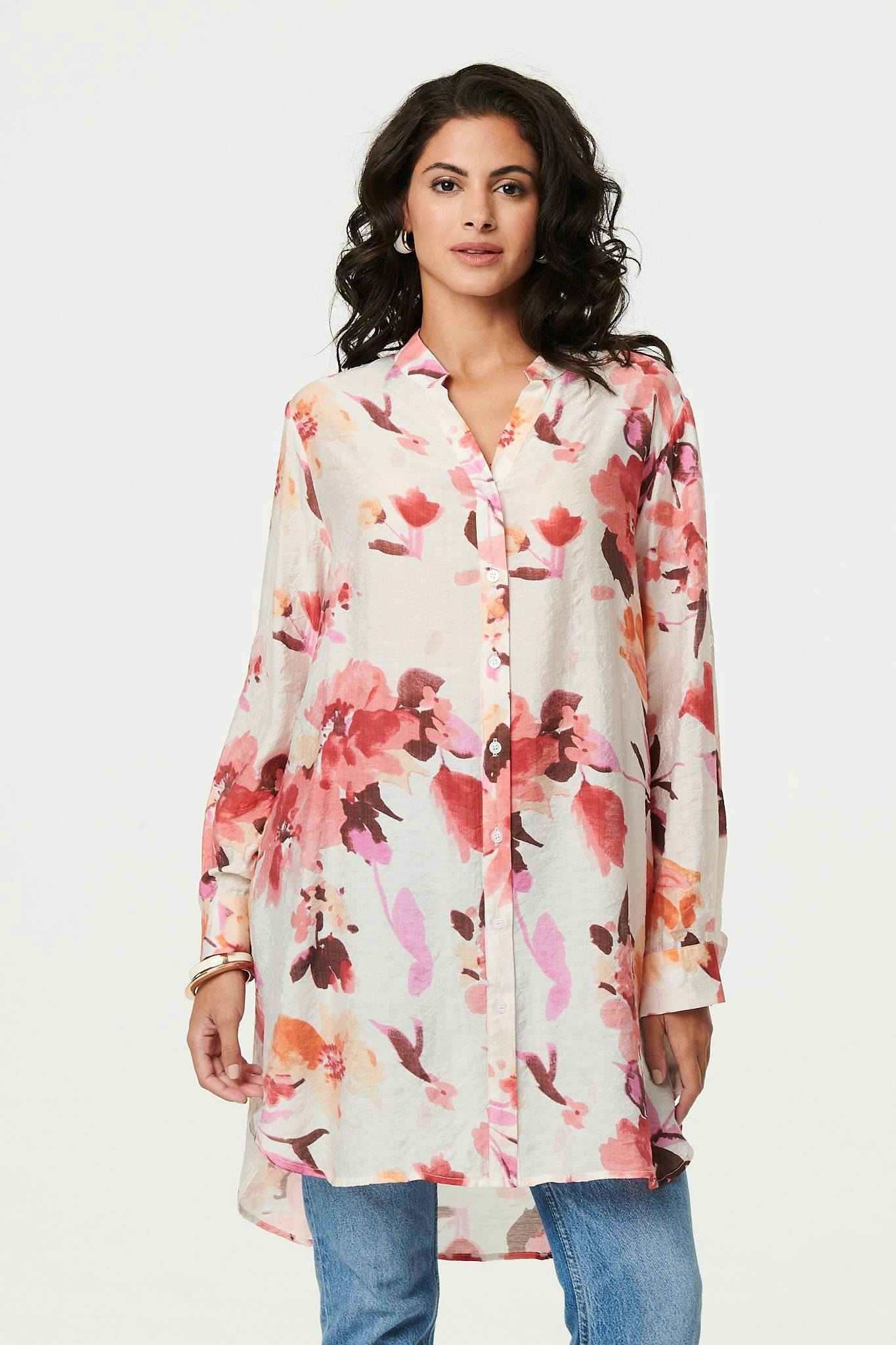 Izabel London Pink Floral Long Sleeve Longline Shirt Dress - 12
