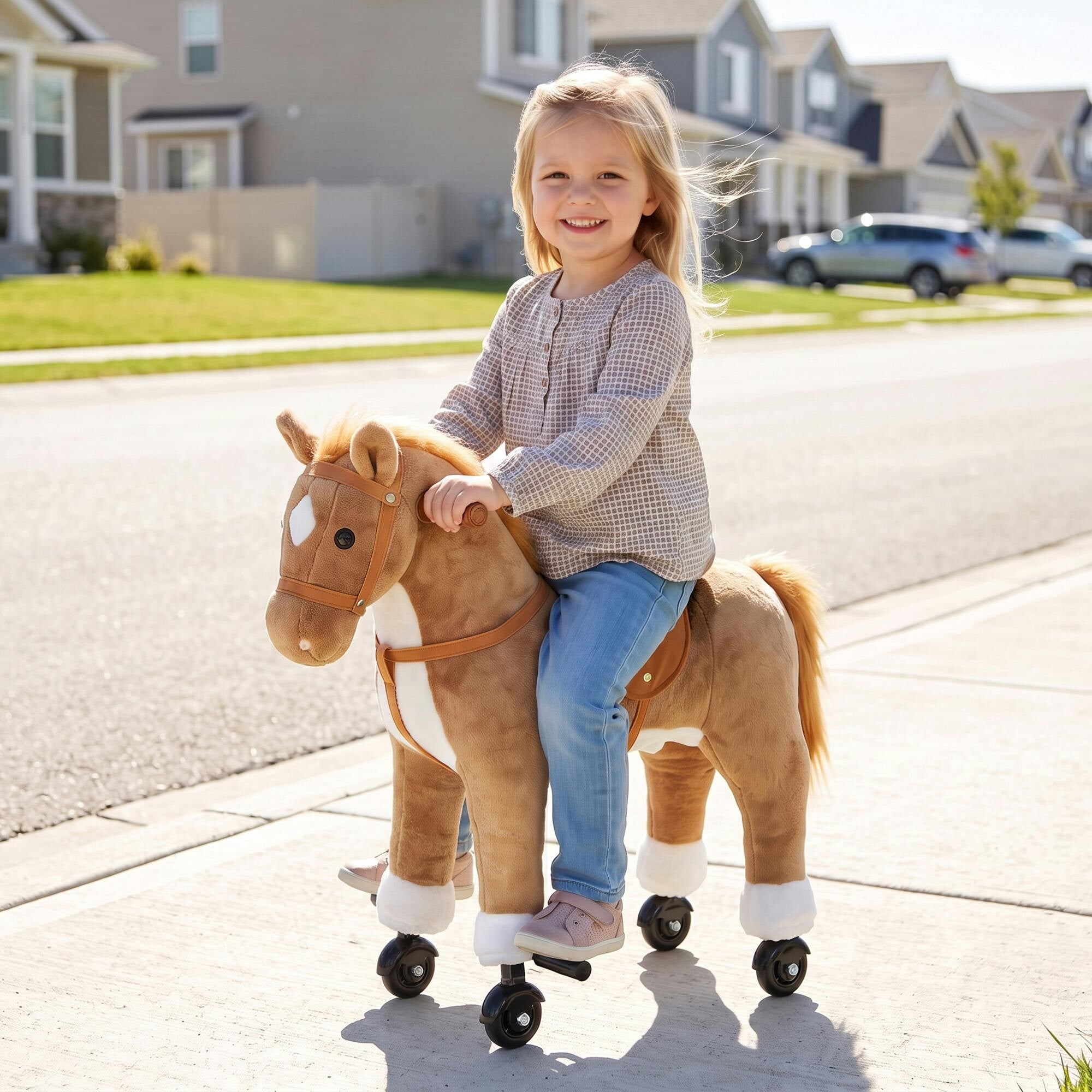Aiyaplay Brown Rocking Horse, Plush Ride On Horse With Hoof Sounds, Music