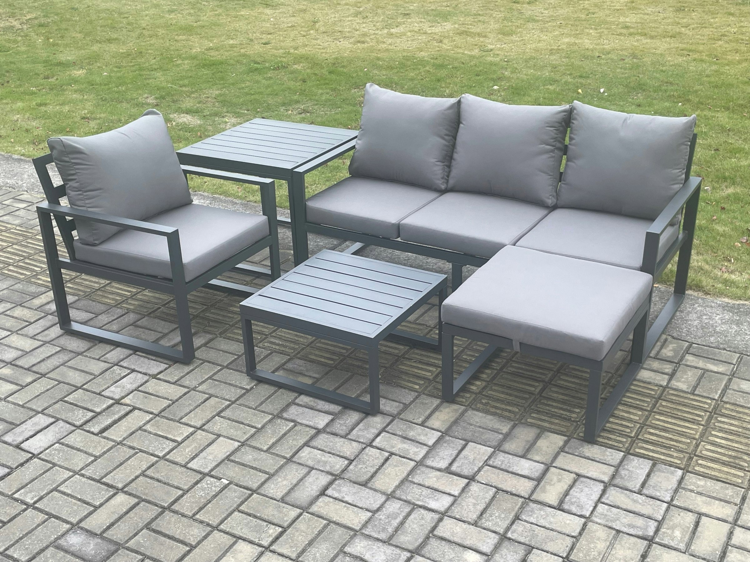 Fimous Dark/Grey Aluminium Outdoor Garden Furniture Set Lounge Sofa Chairs Square Coffee Table Sets With Side Table Big Footstool Conservatory Set