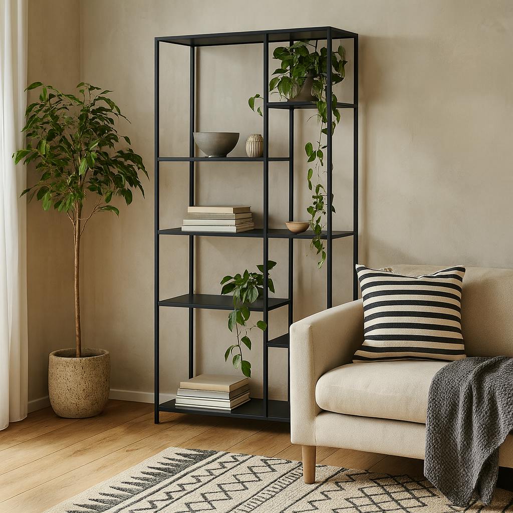 Rackhams Black Graz Matt Metal Asymmetrical Bookcase 6 Shelves