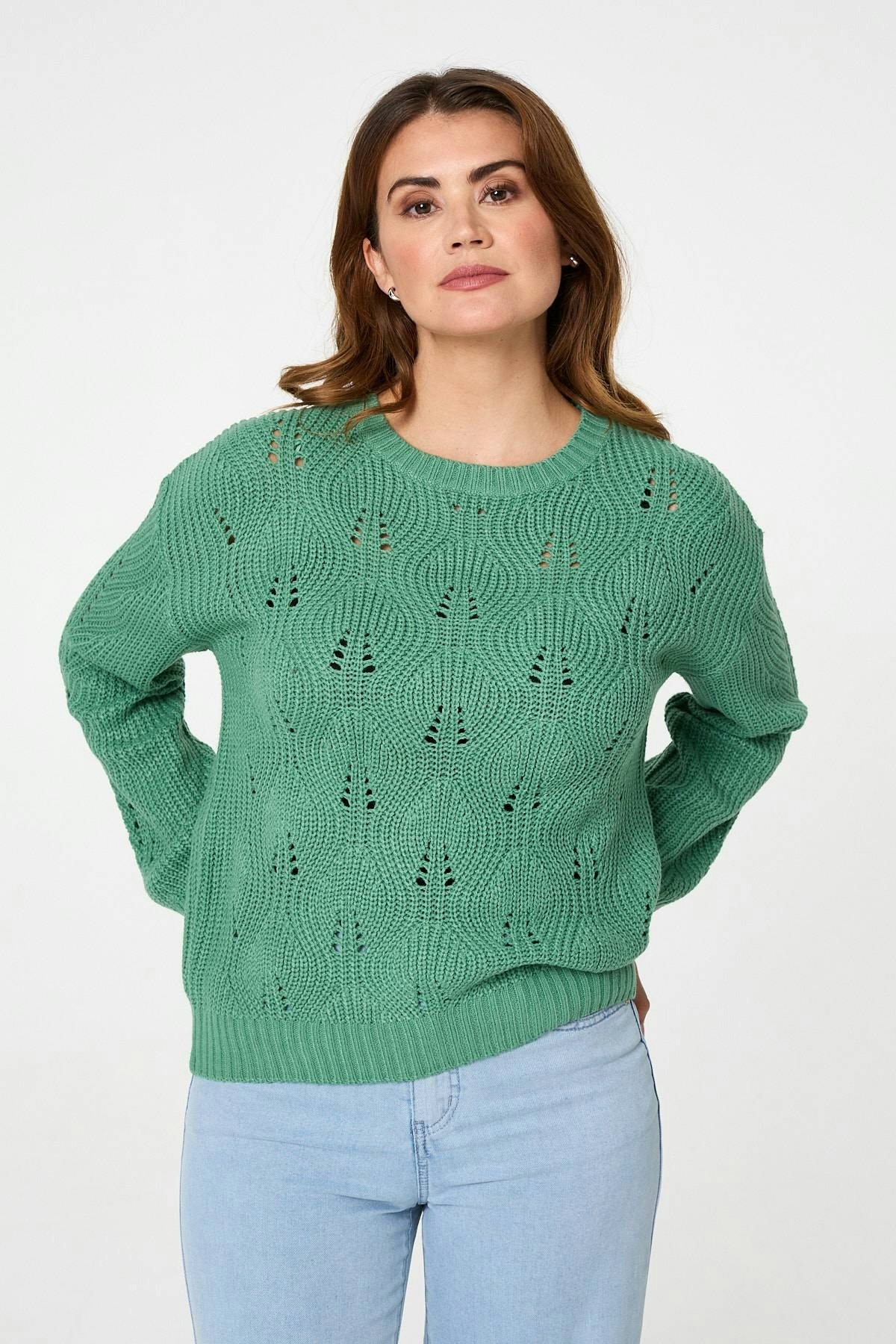 Izabel London Green Textured Knit Relaxed Long Sleeve Jumper - M/L