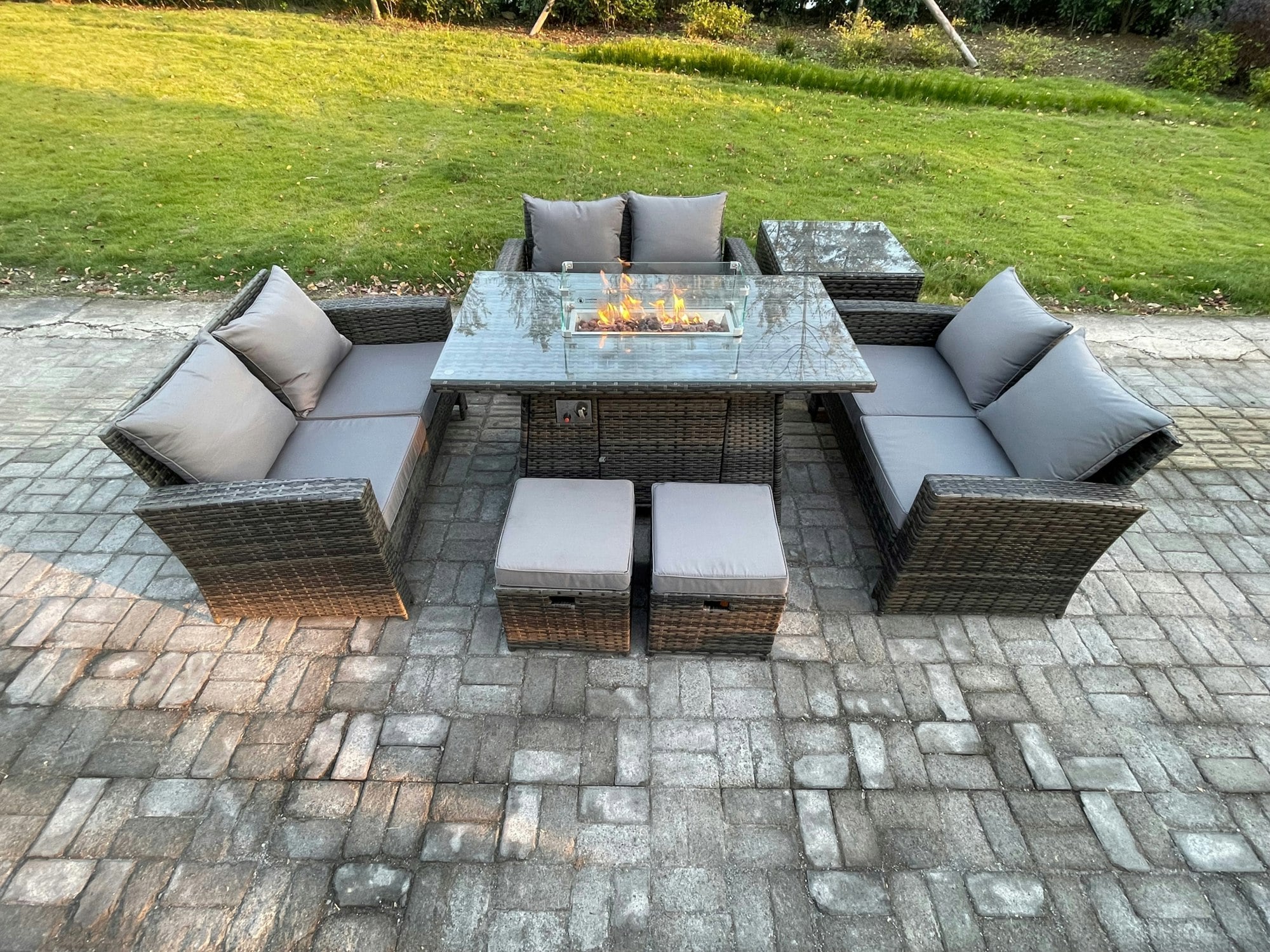 Rackhams Dark/Grey High Back Rattan Garden Furniture Sofa Sets With Outdoor Furniture Gas Fire Pit Dining Table Set Side Table 2 Small Footstools Mixed