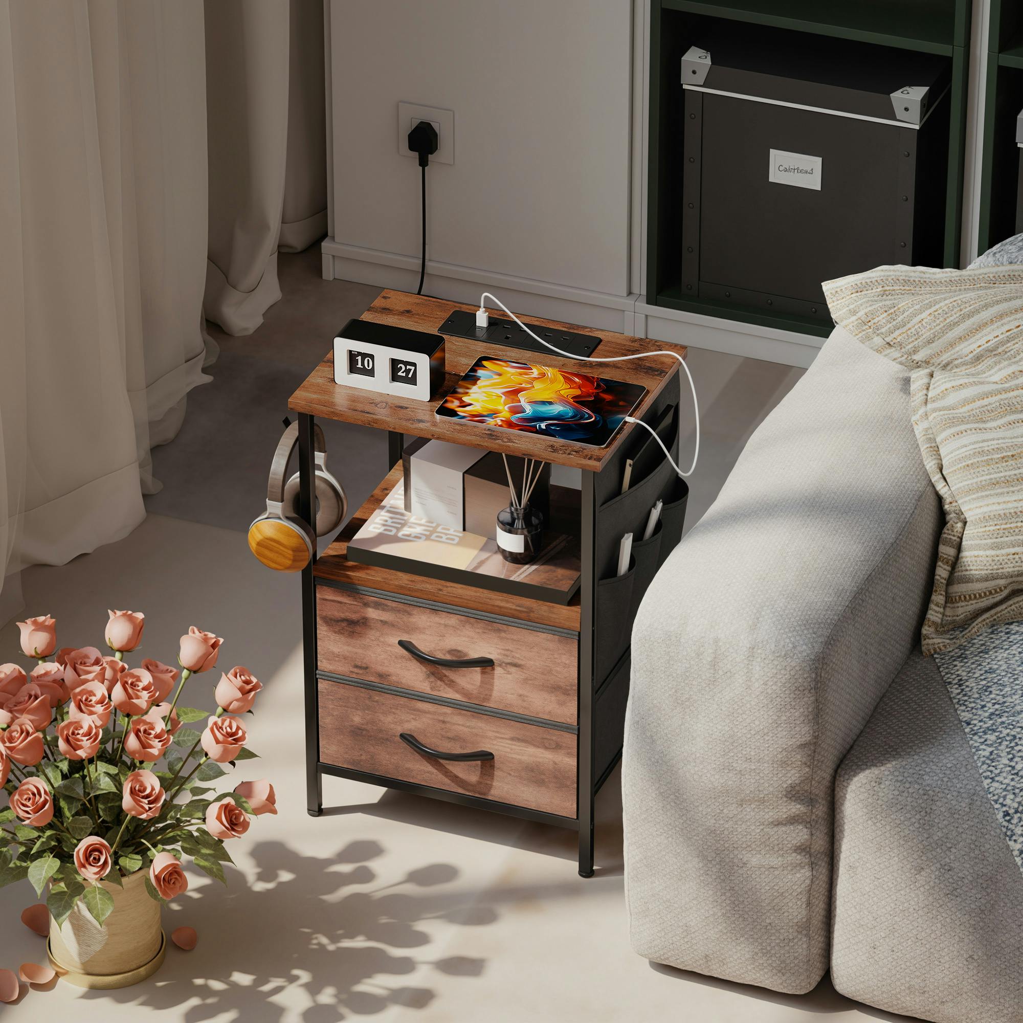 Rackhams Brown Slim Side Table With Charging Station, Bedside Table - Rustic - Bedside Table