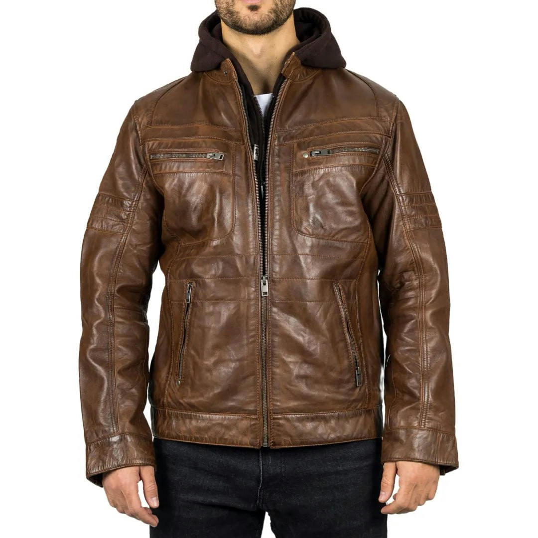 Infinity Leather Men's Brown Leather Company Hooded Genuine Leather Biker Jacket - X-Large