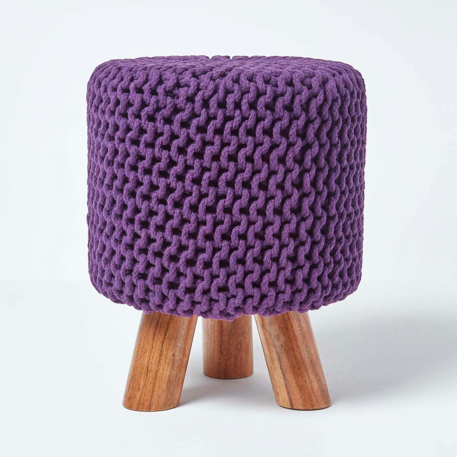 Homescapes Purple Tall Cotton Knitted Footstool On Legs