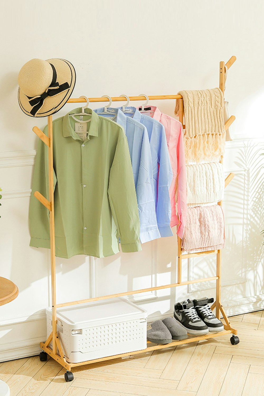 Rackhams Bamboo Clothes Rack With Bottom Shelf Shoe Clothing Organizer - Natural