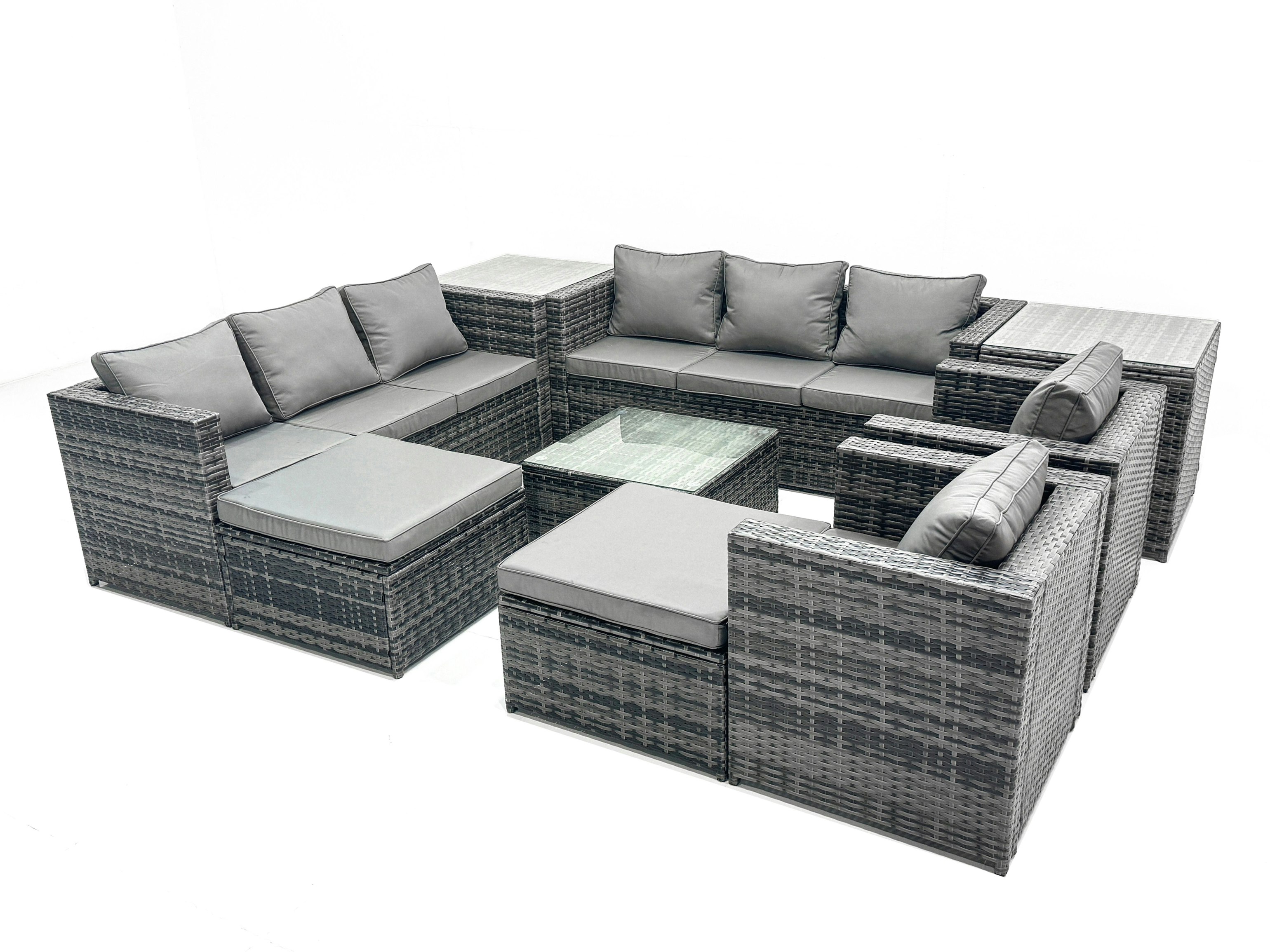 Fimous Dark/Grey Outdoor Rattan Garden Furniture Set 10 Seater With Armchair Square Coffee Table 2 Side Tables 2 Big Footstool Mixed