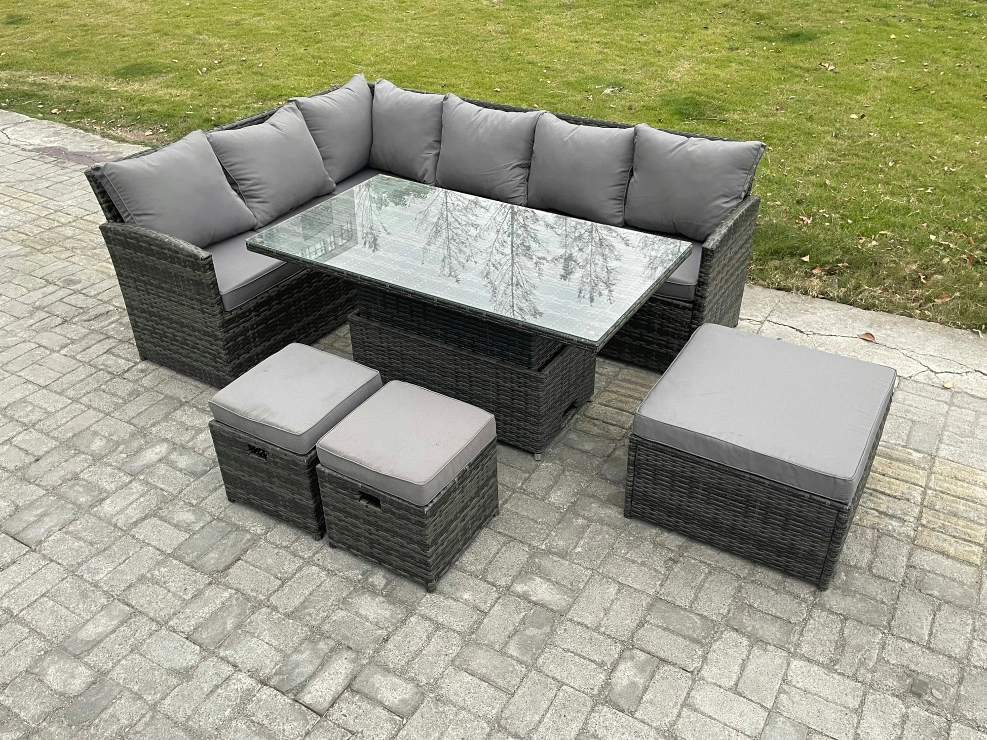 Rackhams Dark/Grey Wicker Pe Outdoor Rattan Garden Furniture Set Height Adjustable Rising Lifting Table Sofa Dining Set With 3 Footstools Mixed