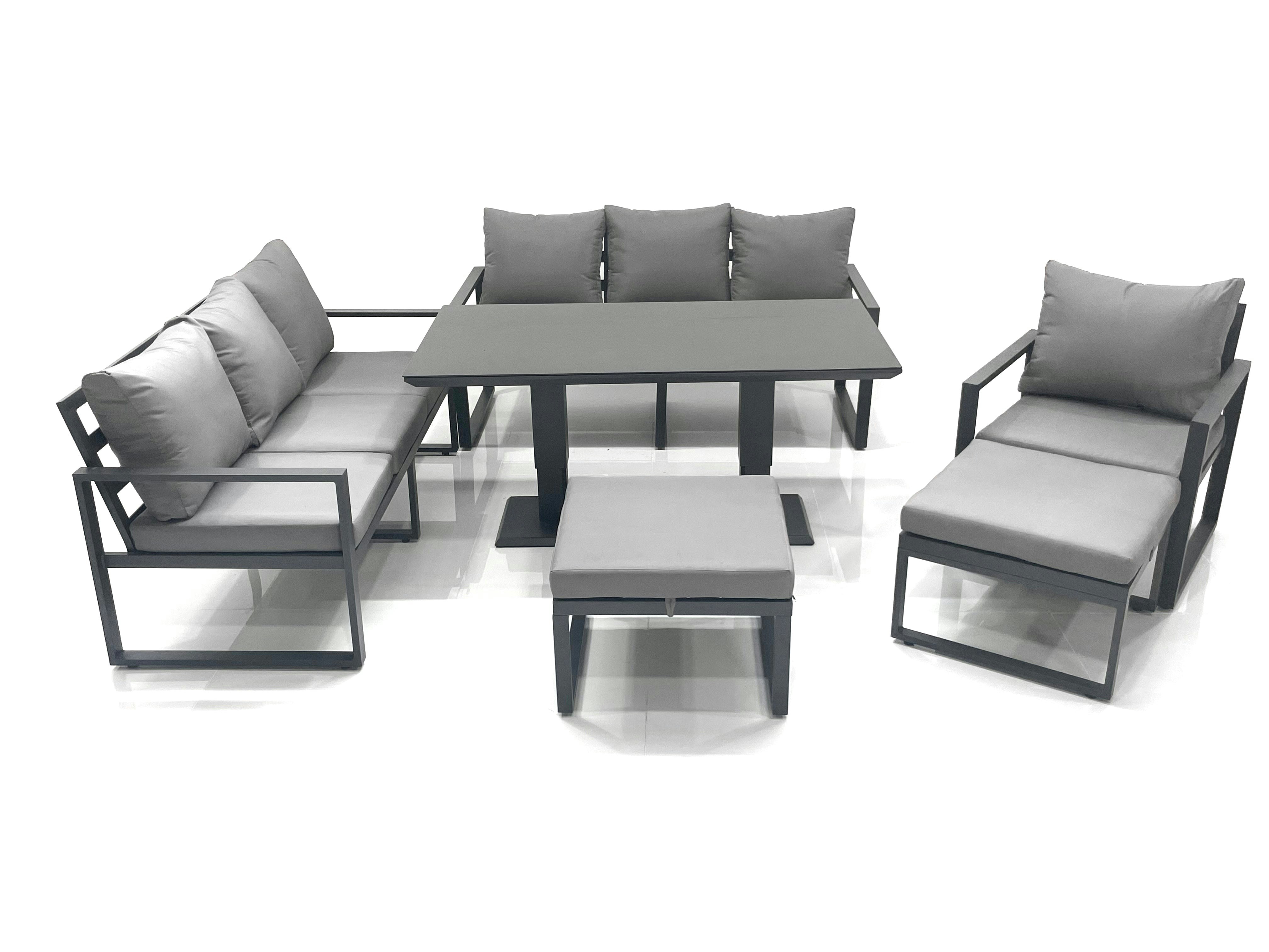 Rackhams Dark/Grey Outdoor Garden Furniture Set Aluminium Lounge Sofa Adjustable Rising Lifting Dining Table Sets With 2 Big Footstools