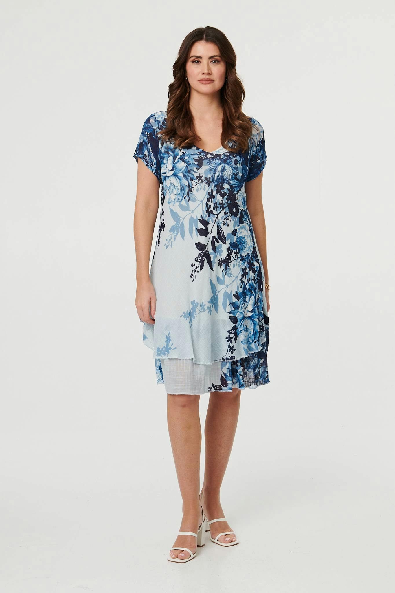Izabel London Blue Floral Layered Knee Length Dress - 10