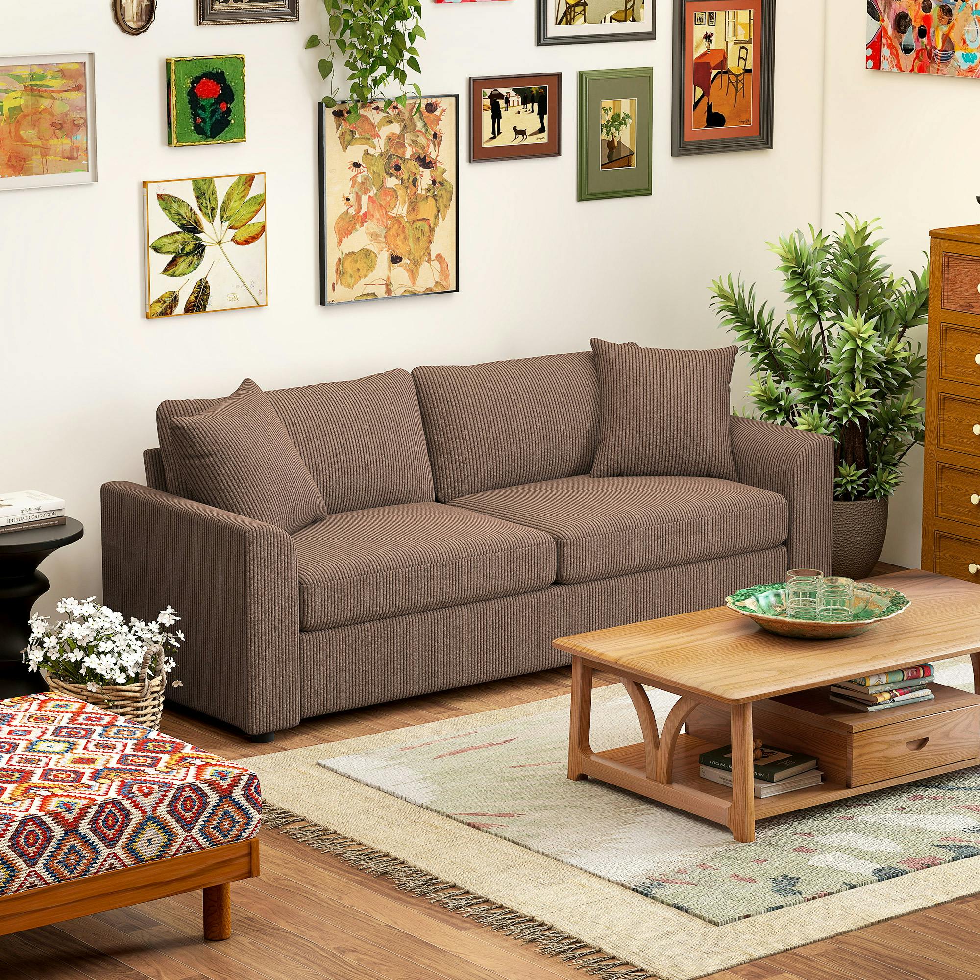 Rackhams Brown 212 Cm Upholstered Jumbo Cord Sofa Couch With Spring Cushion, Coffee