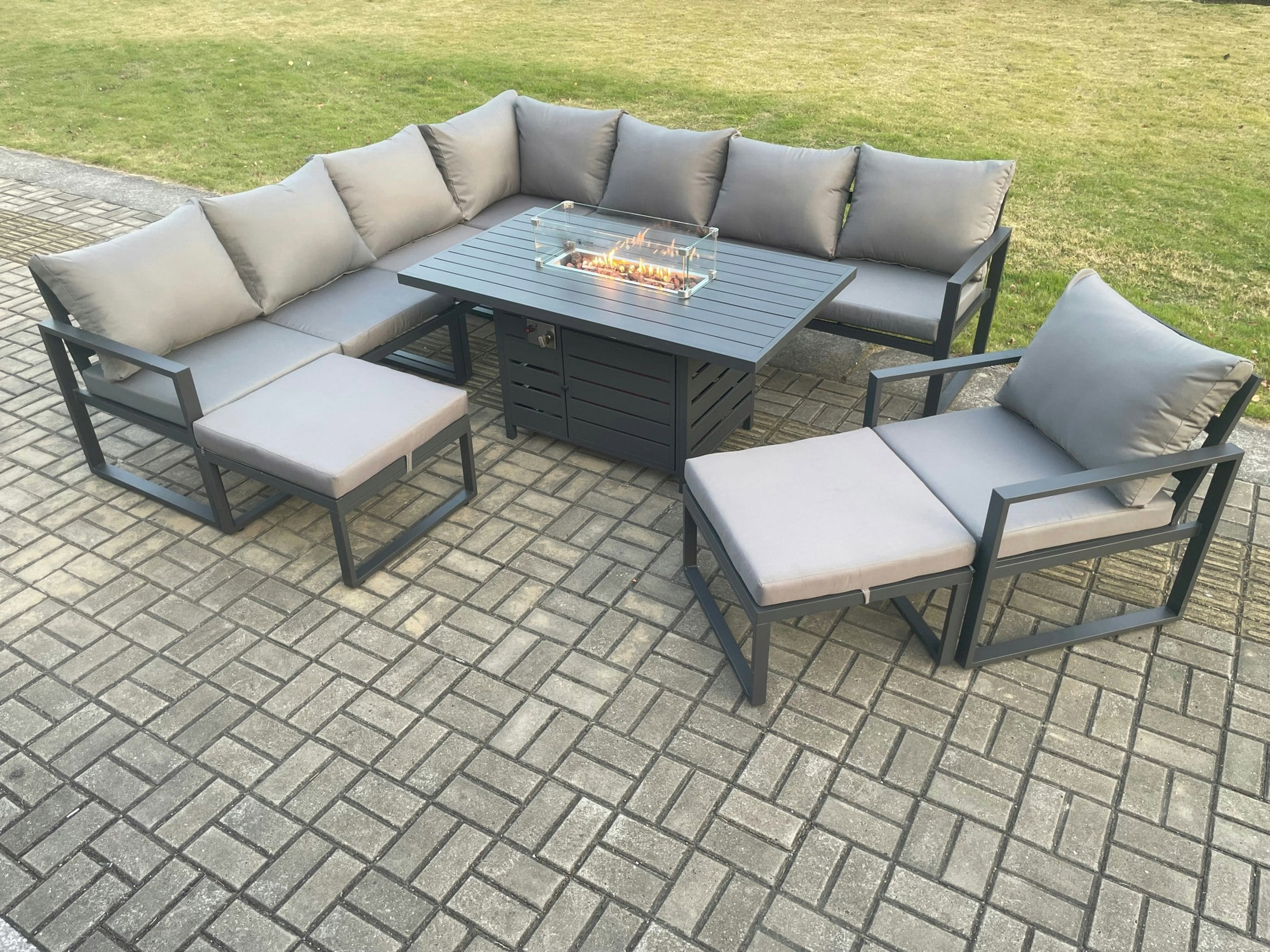 Fimous Dark/Grey Aluminium 10 Seater Garden Furniture Outdoor Set Patio Lounge Sofa Gas Fire Pit Dining Table Set With Chair 2 Big Footstools
