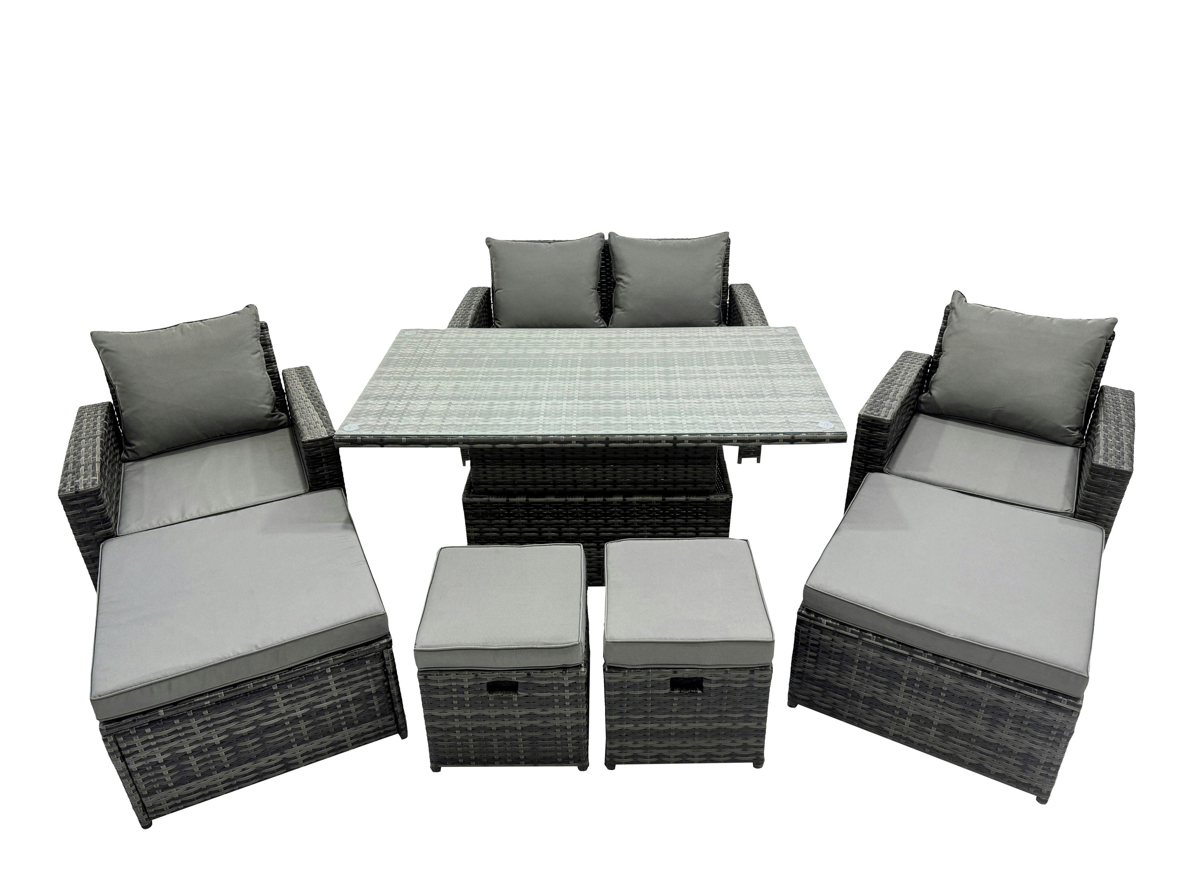 Fimous Dark/Grey Outdoor Love Sofa Set 8 Seat Rattan Garden Furniture Set With Adjustable Lifting Dining Or Coffee Table 4 Stools