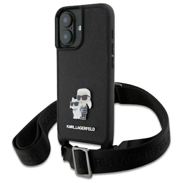 Karl Lagerfeld Black Saffiano Karl & Choupette Metal Pin Crossbody Strap Case For Iphone 16 6.1" - Klhcp16ssakcpbk