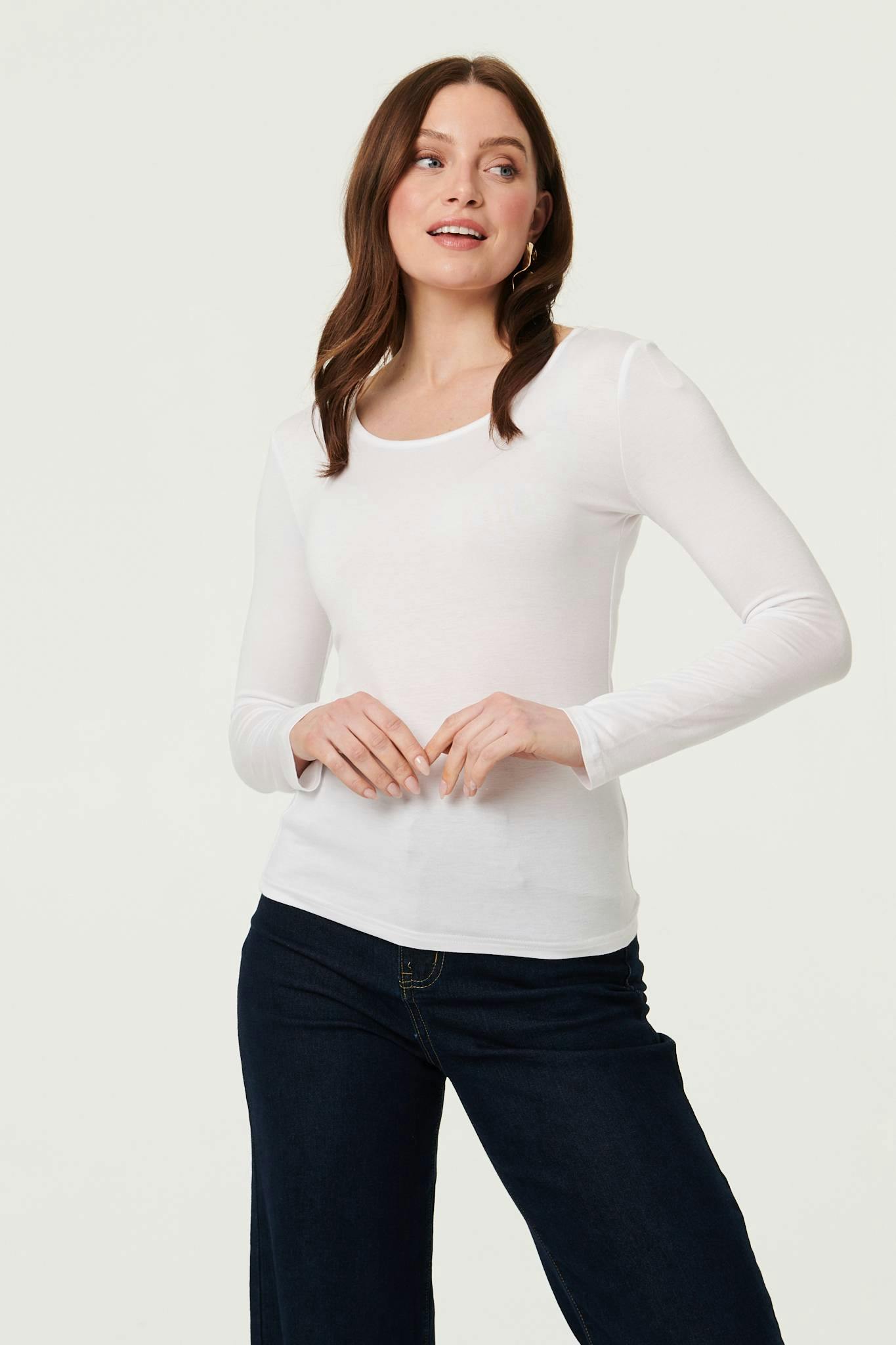 Izabel London White Long Sleeve Slim Scoop Neck Top - 18