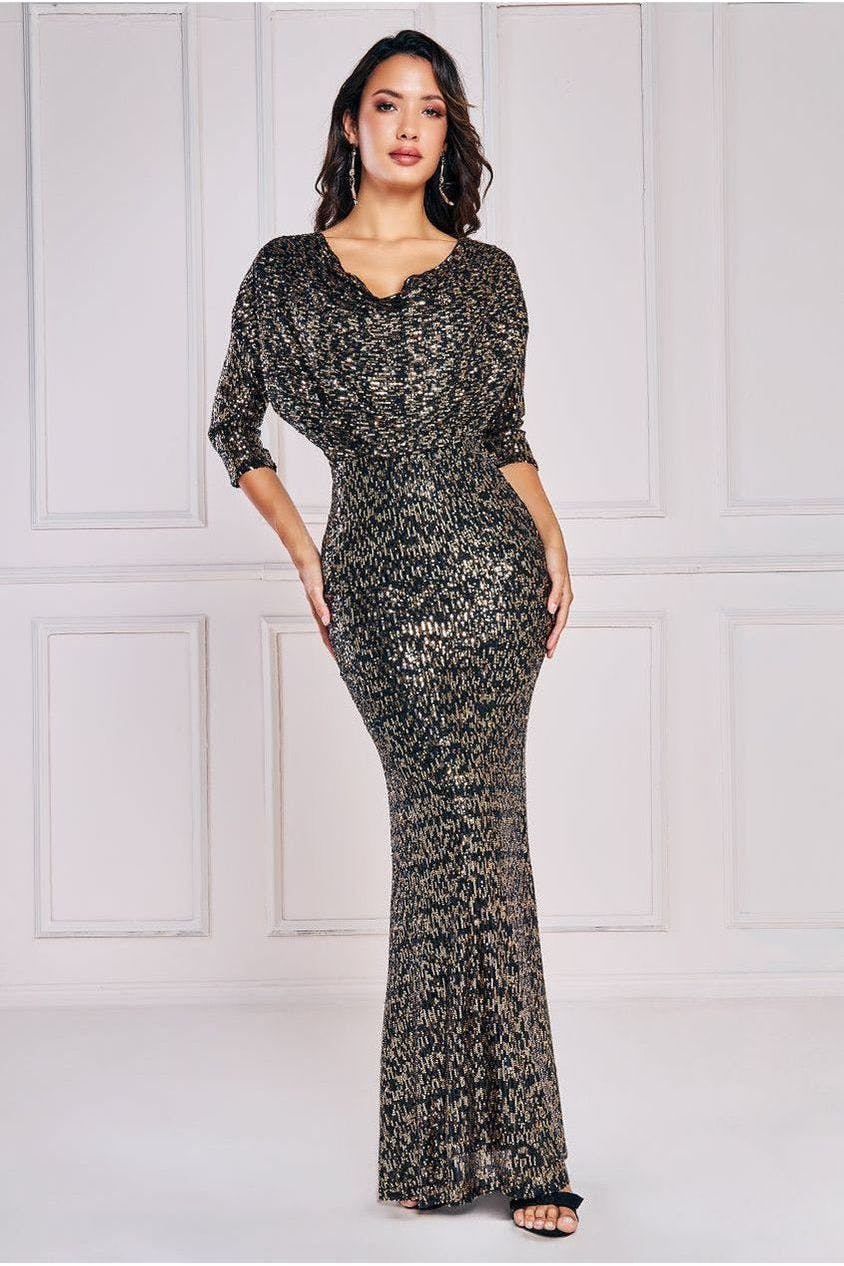 Goddiva Black Sequin Cowl Maxi Dress - By - 8