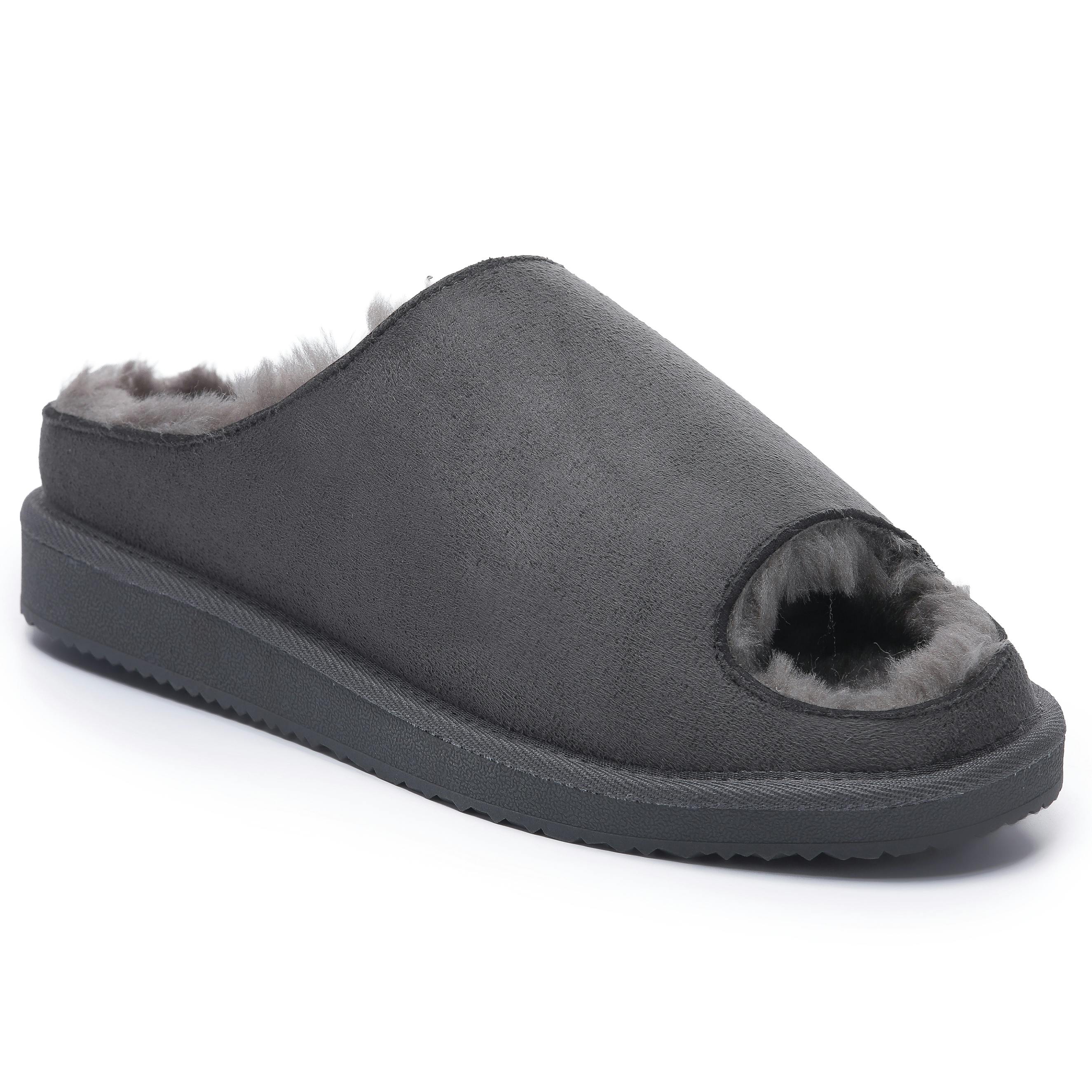 Viva Women's Grey Polar Fur Lined Slide Slippers – Suede Upper, Cozy Faux Fur - 6
