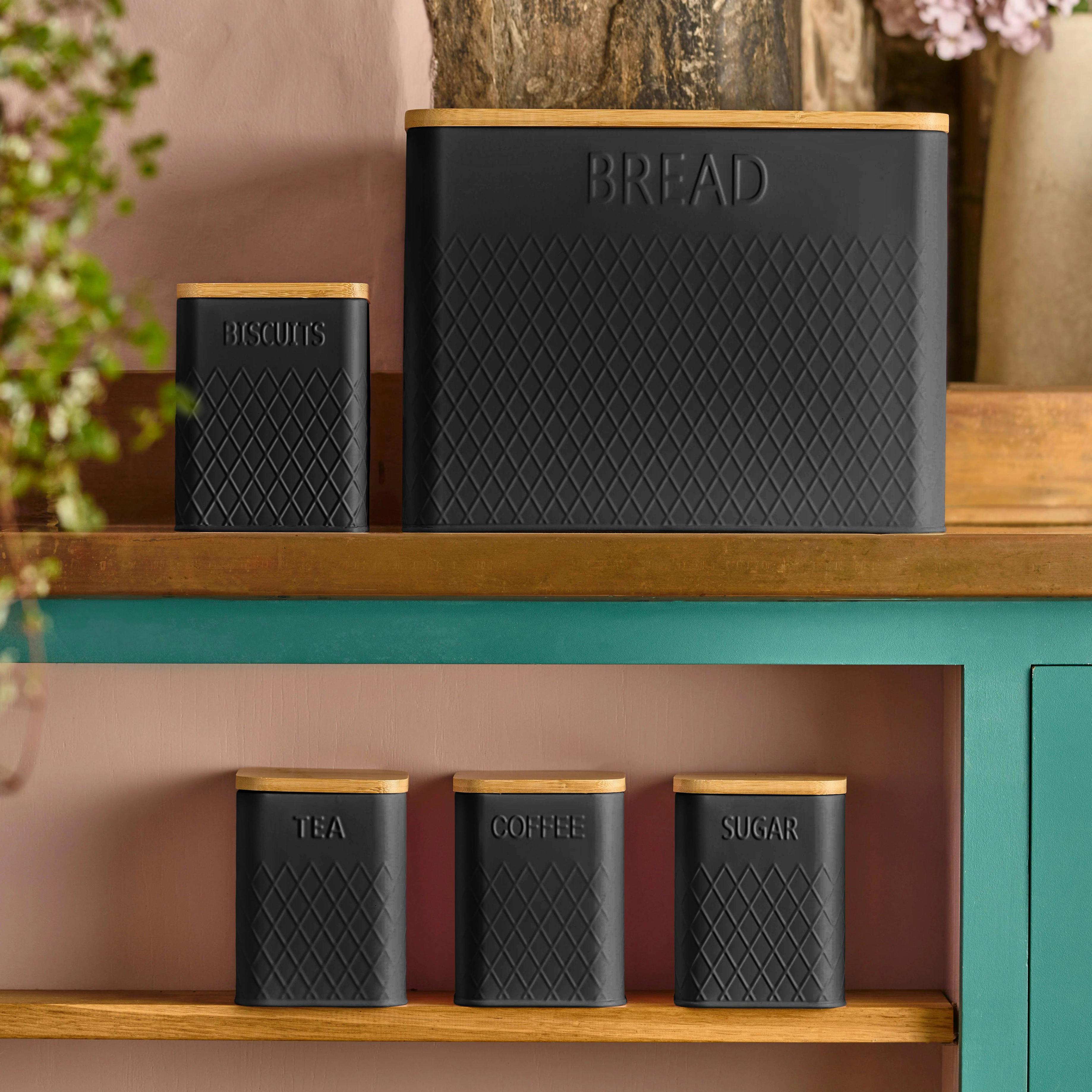 Cooks Professional 5 Piece Embossed Kitchen Storage Cannister Set | Black | Tea, Coffee, Sugar, Biscuit & Bread Containers with Airtight Bamboo Lids, Diamond Pattern, Labelled Stainless Steel Bins - Image 3