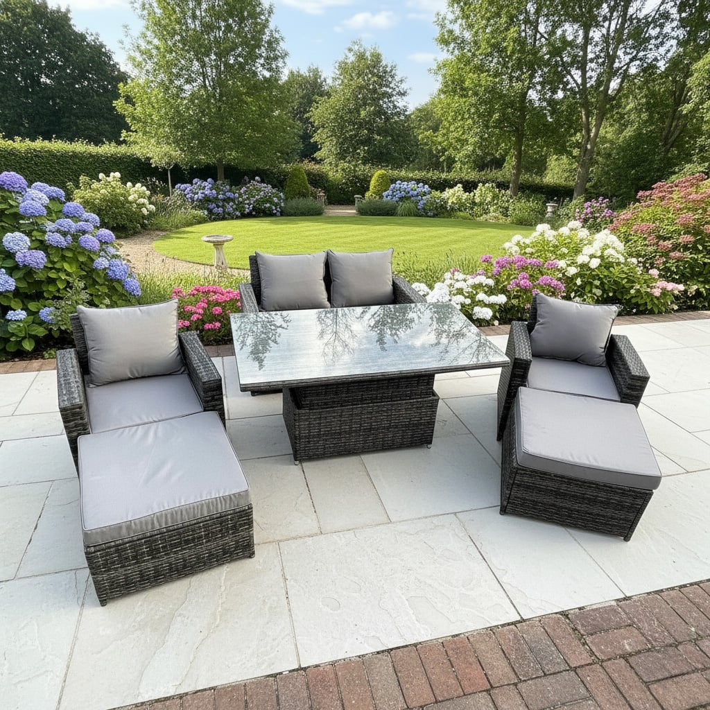 Fimous Dark/Grey 6 Seater Rattan Garden Furniture Set With Rising Table, 2 Large Footstools, Sofa & 2 Armchairs