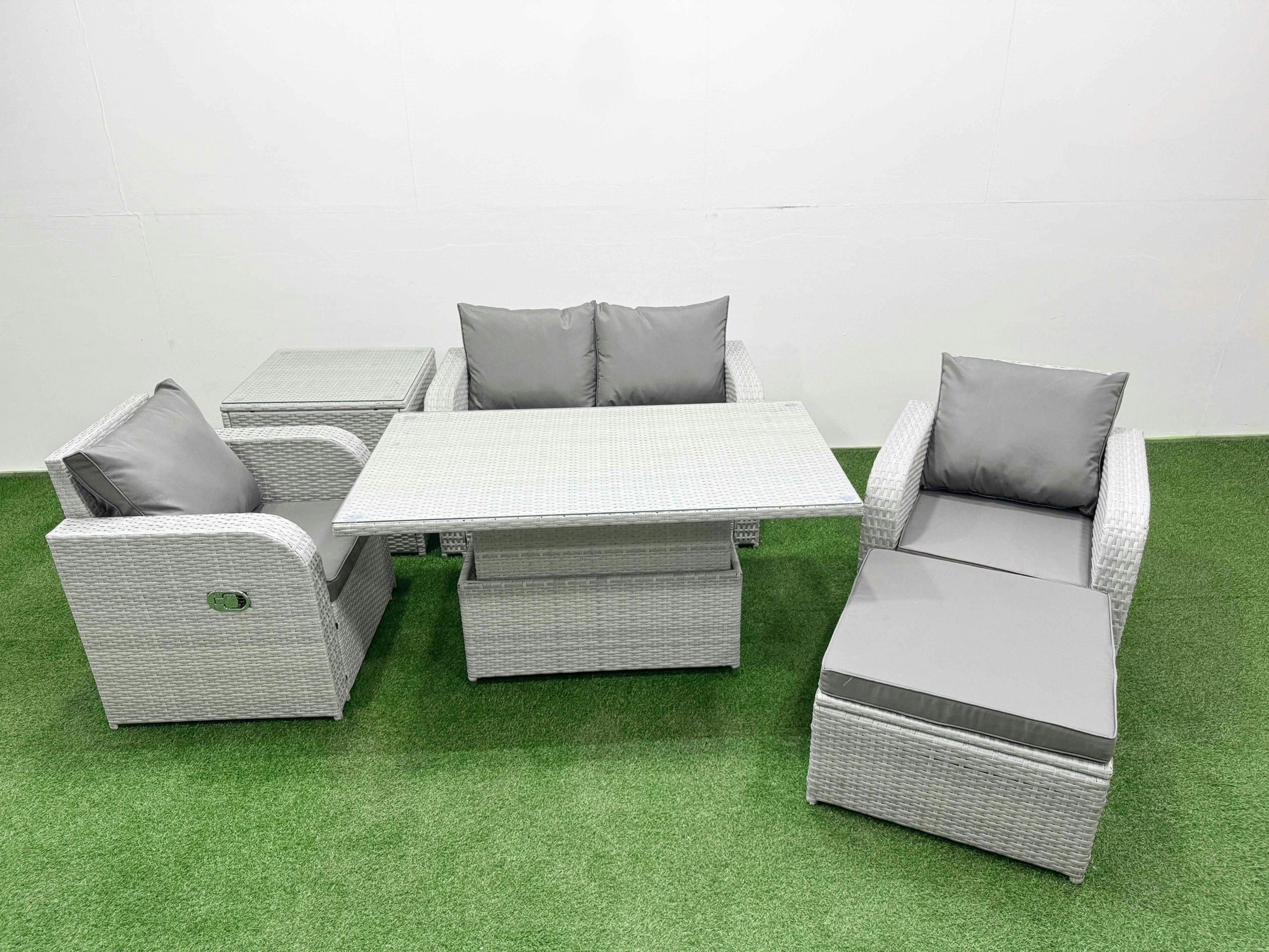 Rackhams Light/Grey 5-Seater Pe Rattan Sofa Set | Reclining Chair, Adjustable Dining/Coffee Table, Footstool, Side Table