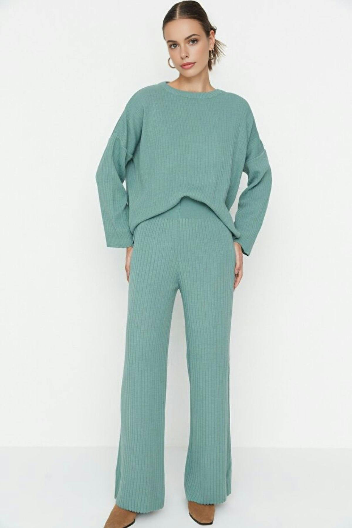 Wovcor 2-Piece Loose Fit Basic Ribbed Knit Top & Pants Set - Mint - L