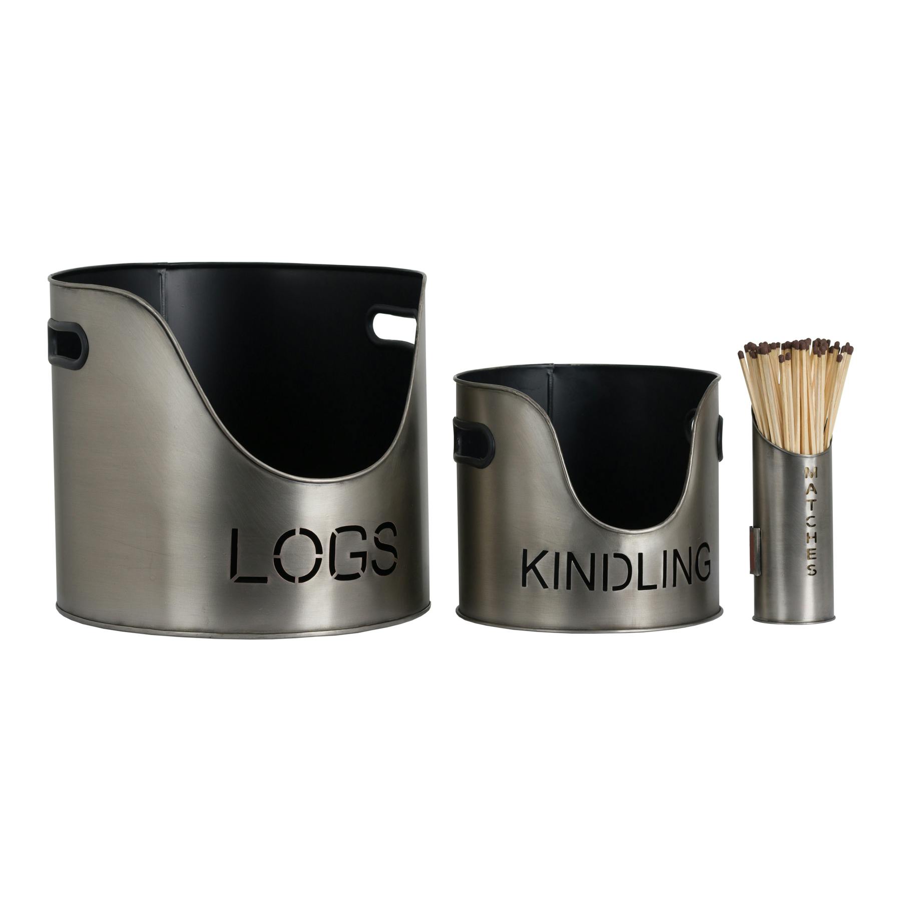 Hill Interiors Silver Kindling Buckets & Matchstick Holder - One Size - 100% Metal