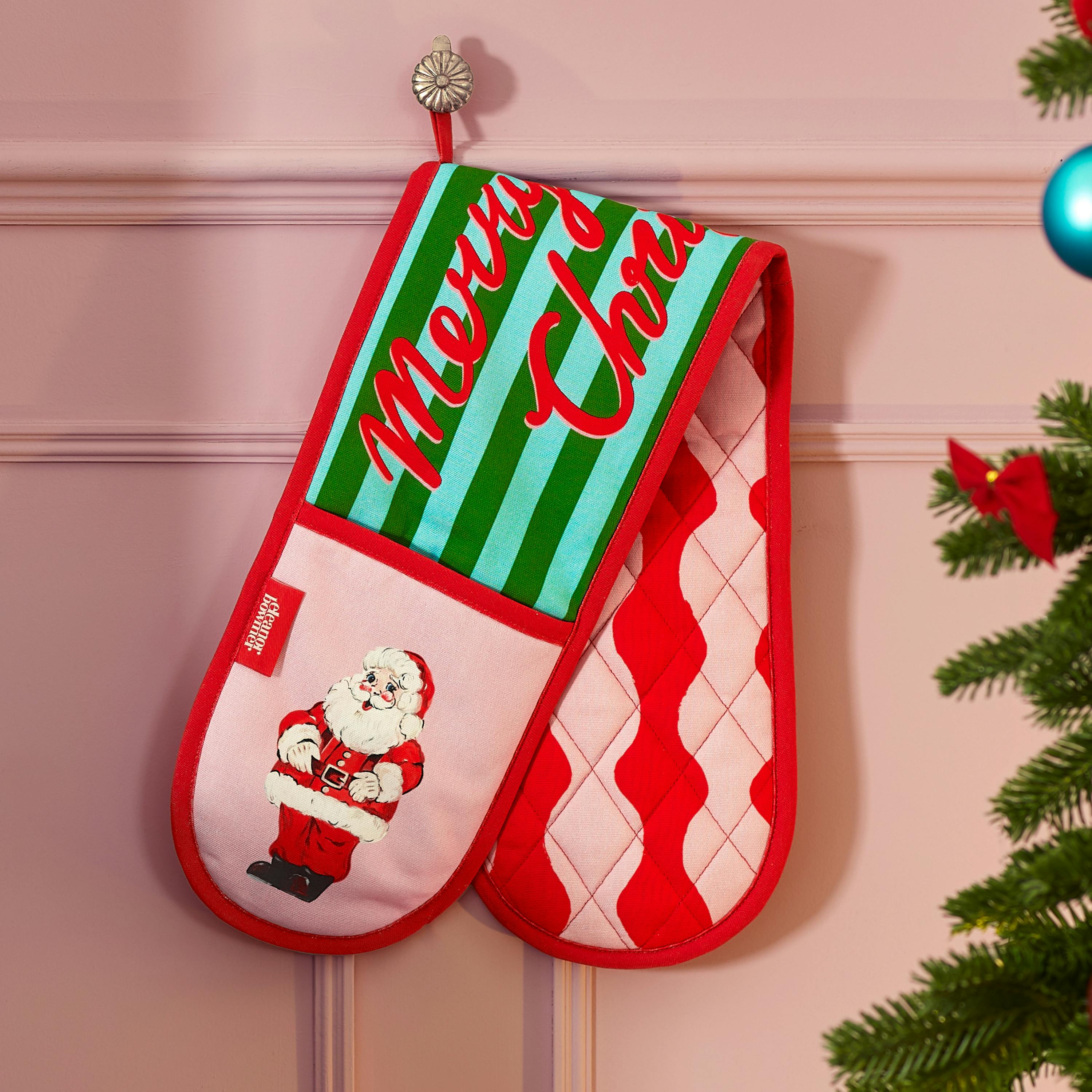 Eleanor Bowmer Red/Green Santa Cotton Kitchen Double Oven Glove Bright - Bright