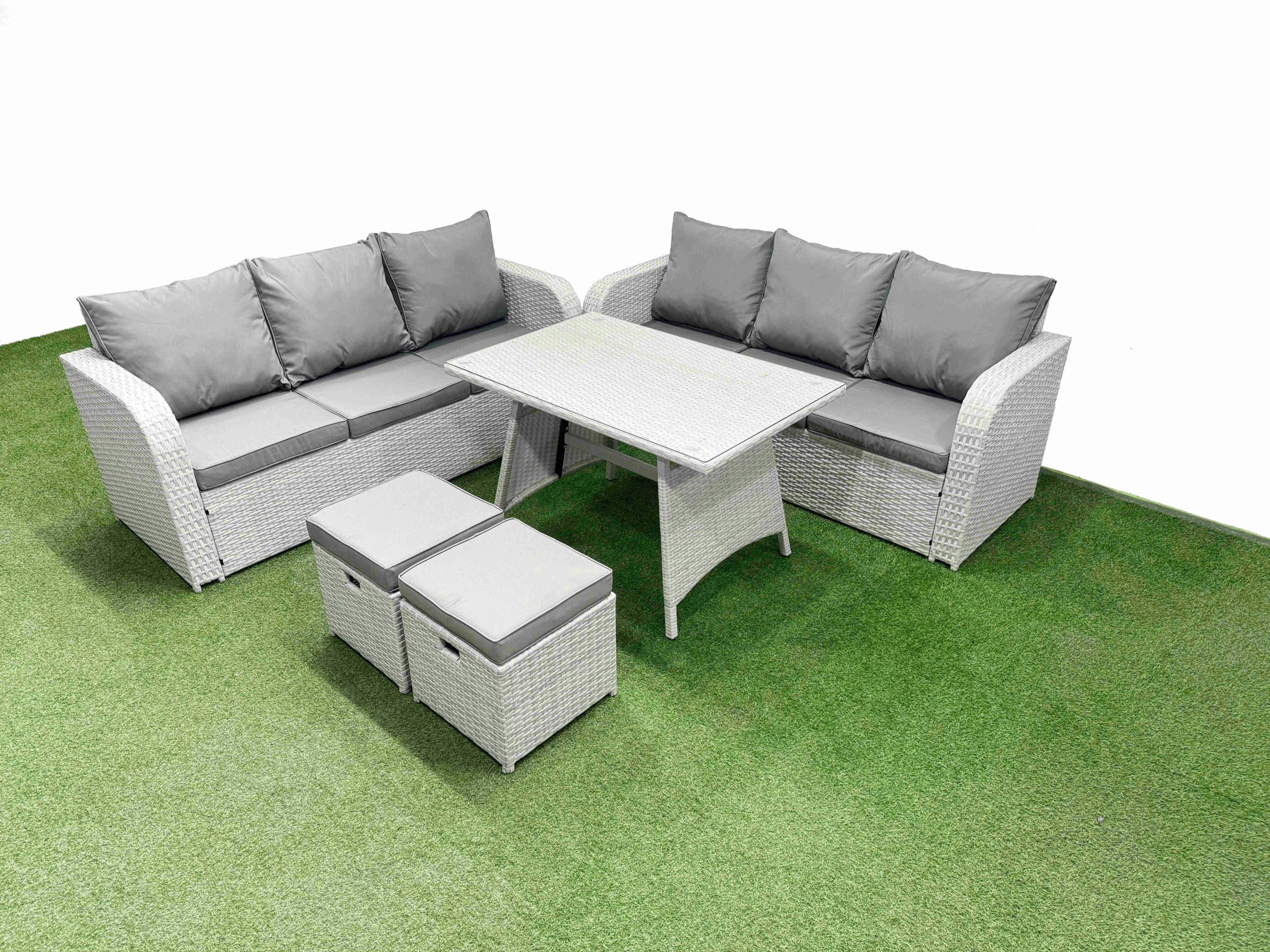 Rackhams Light/Grey Patio Dining Table & Chairs Set Rattan High Back Lounge Sofa Set With 3 Seater Sofa 2 Small Stool