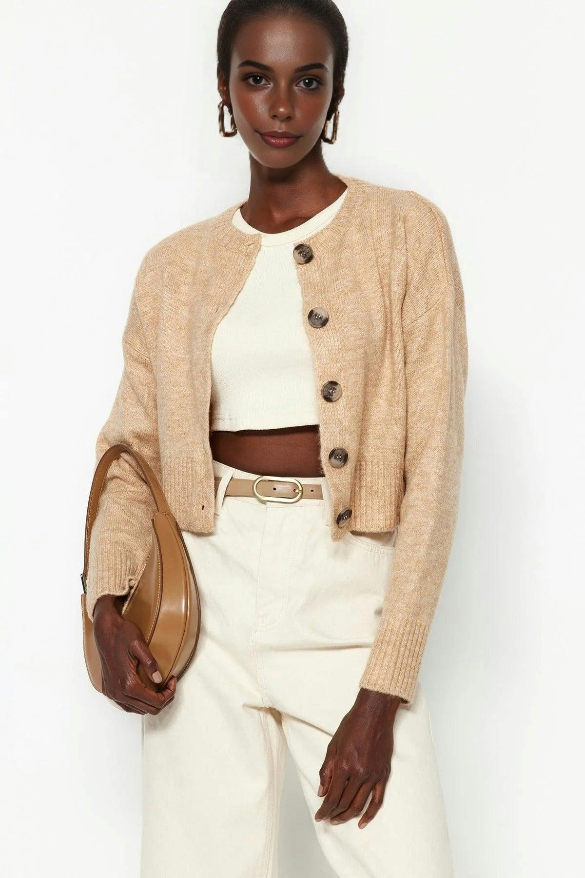 Wovcor Beige Crop Soft Textured Buttoned Knit Cardigan - S