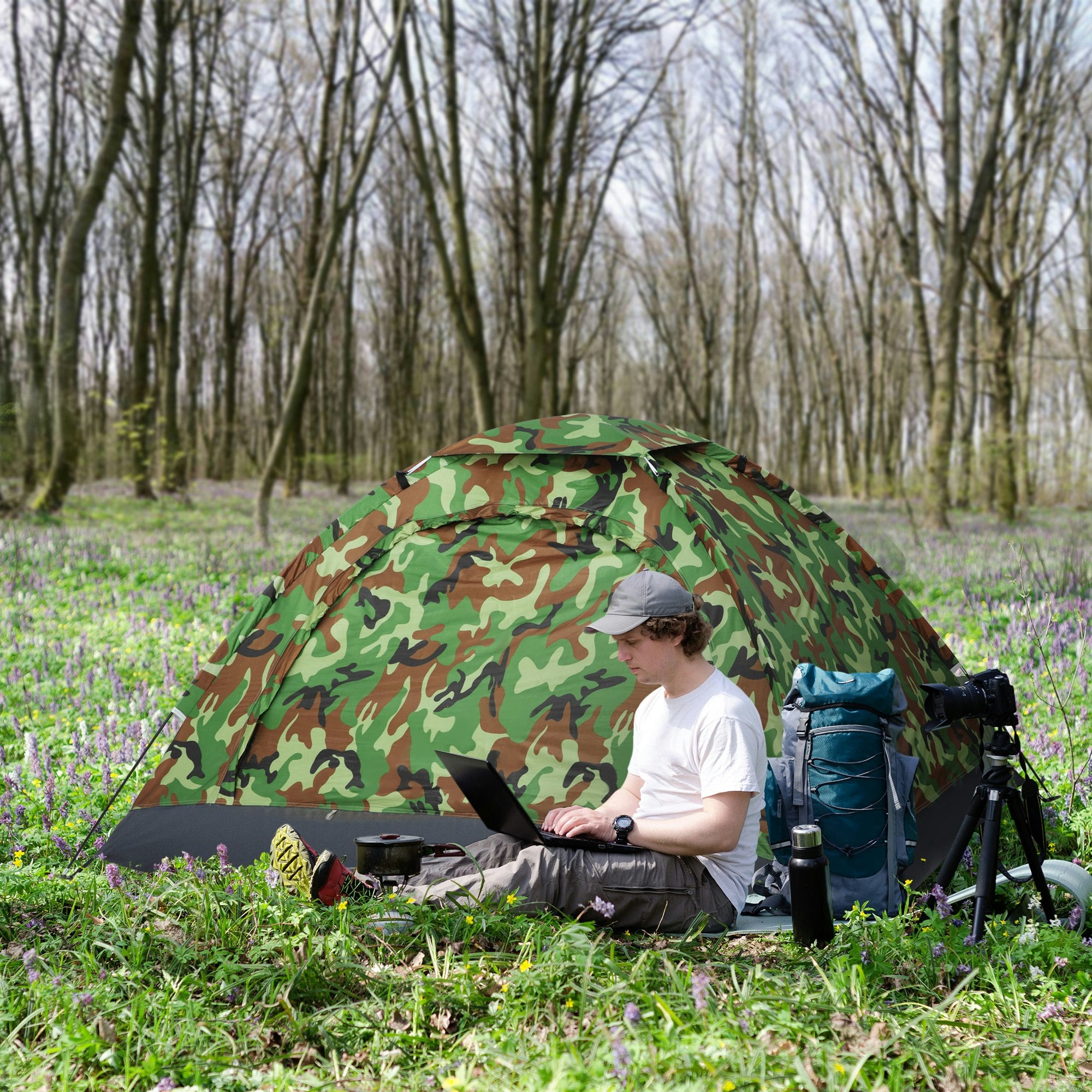 Outsunny Camping Tent For 2 Person Dome Tent W/ Storage Pocket Multicoloured
