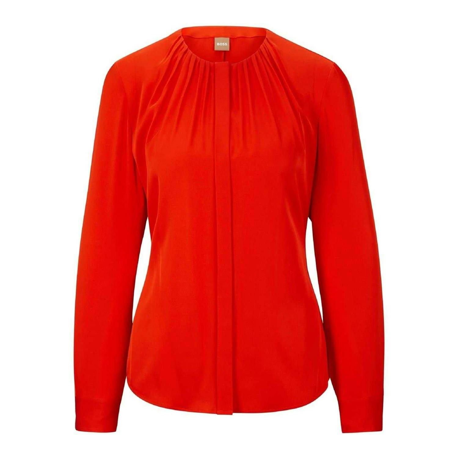 Boss Women's Orange Silk Regular Long-Sleeved Blouse - Bright - 16 Uk - Bright - 93% Silk/7% Elastane